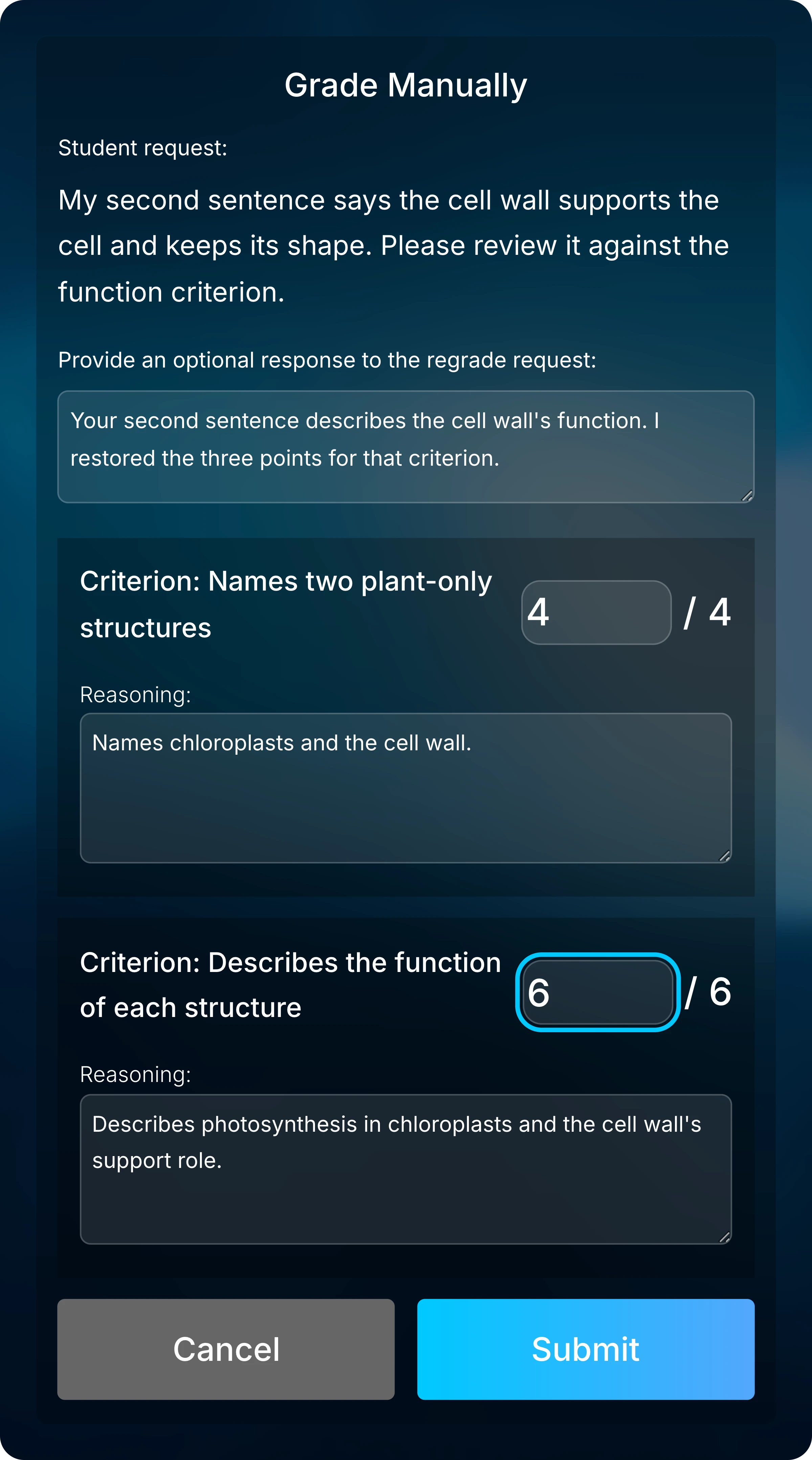 Grade Manually panel with a student request about the cell wall, an instructor response, and the function criterion changed to 6 of 6 points.