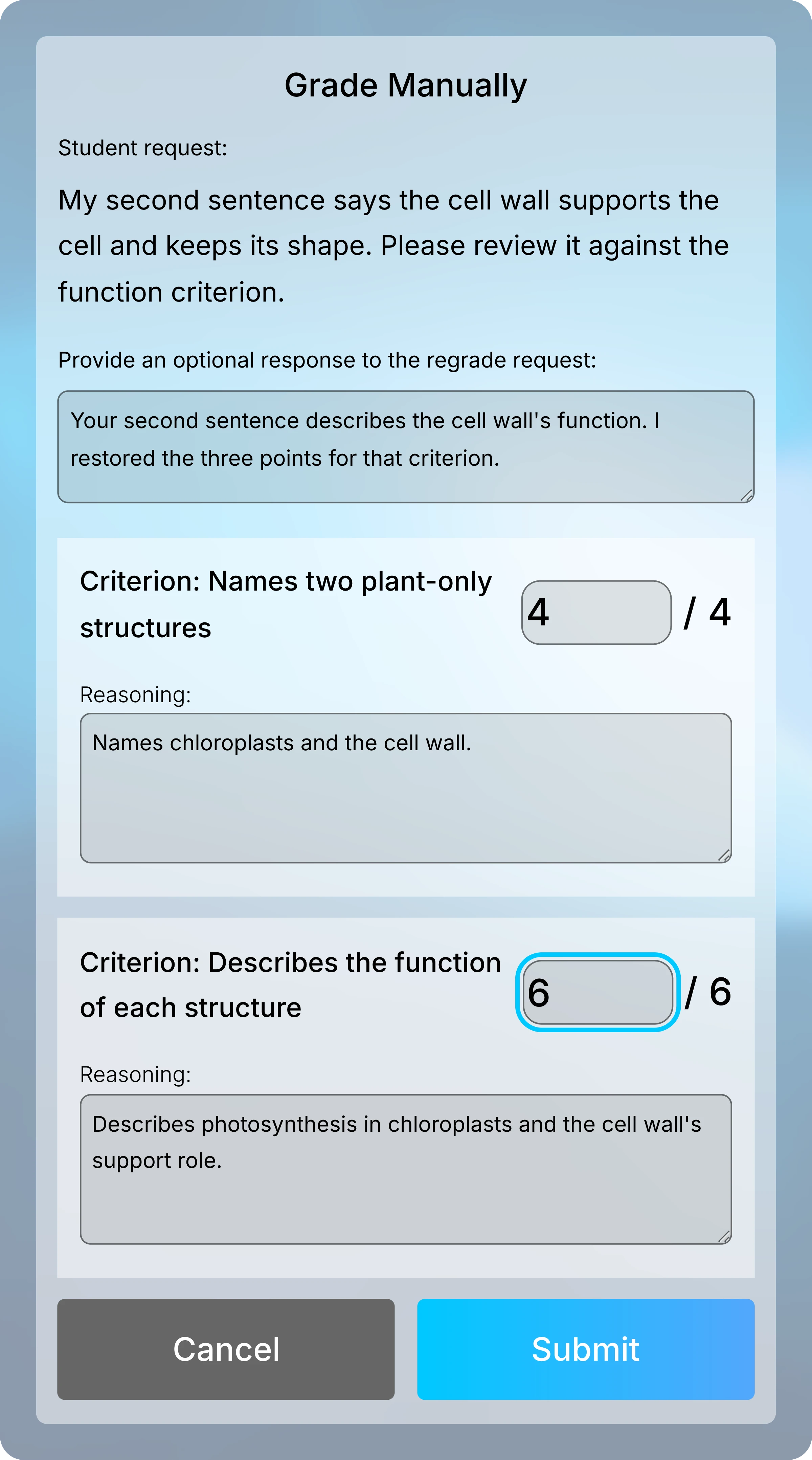 Grade Manually panel with a student request about the cell wall, an instructor response, and the function criterion changed to 6 of 6 points.