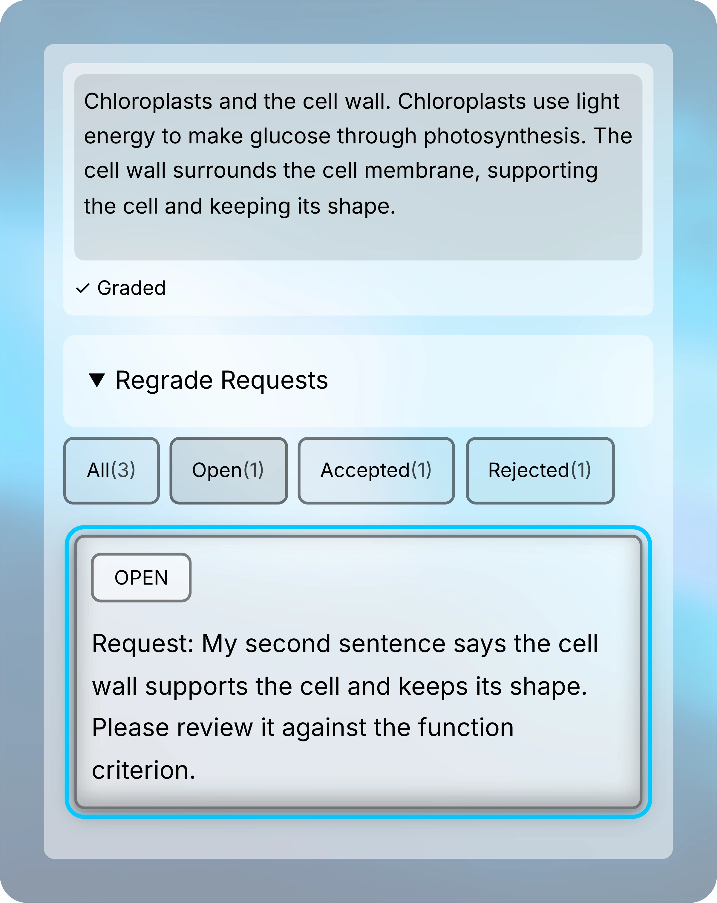 A graded response about plant cells, with Regrade Requests filtered to Open showing one open request about the cell wall.