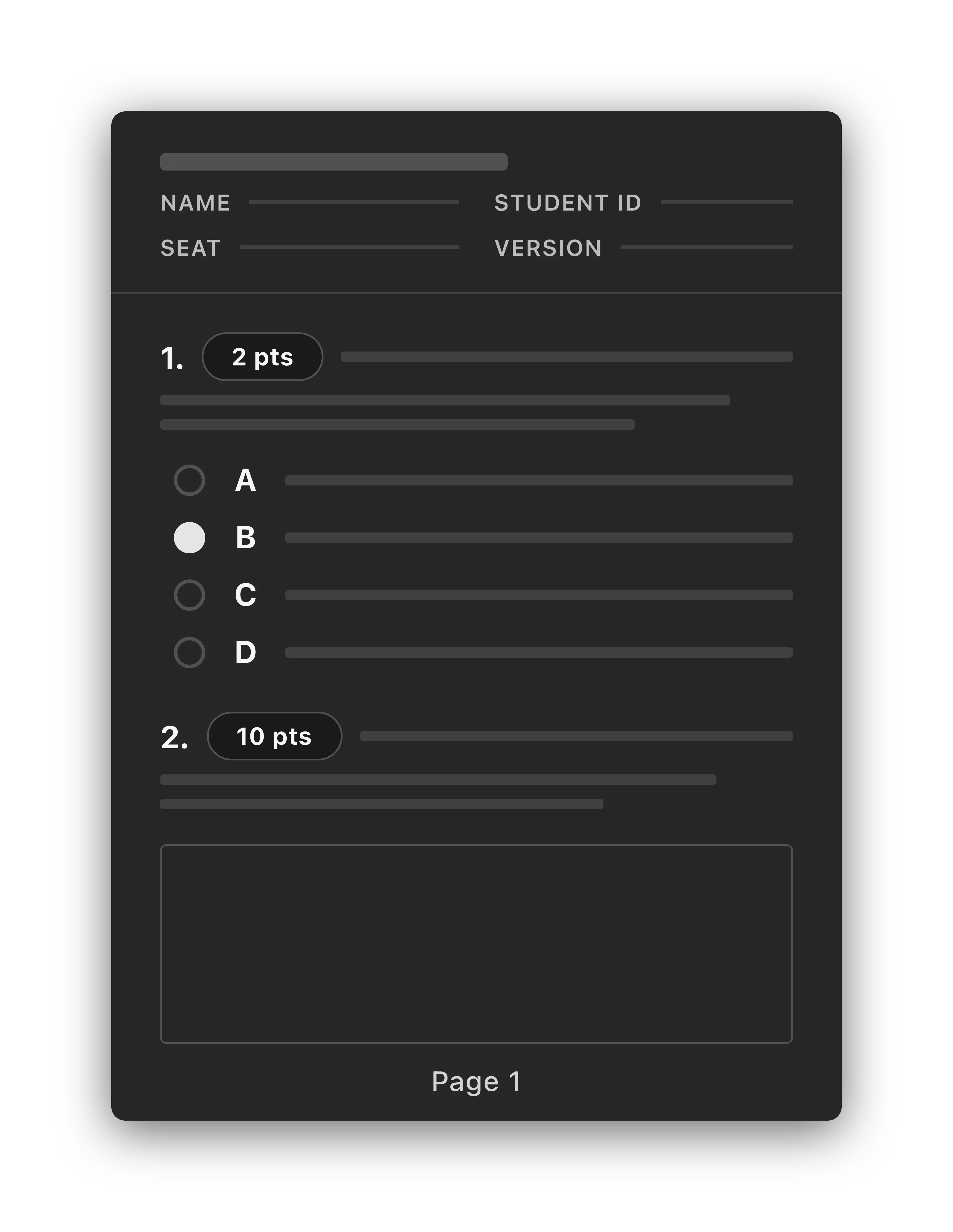 Example of a well-formatted exam page showing student ID fields, multiple choice with bubbles, free response with answer box, and page number