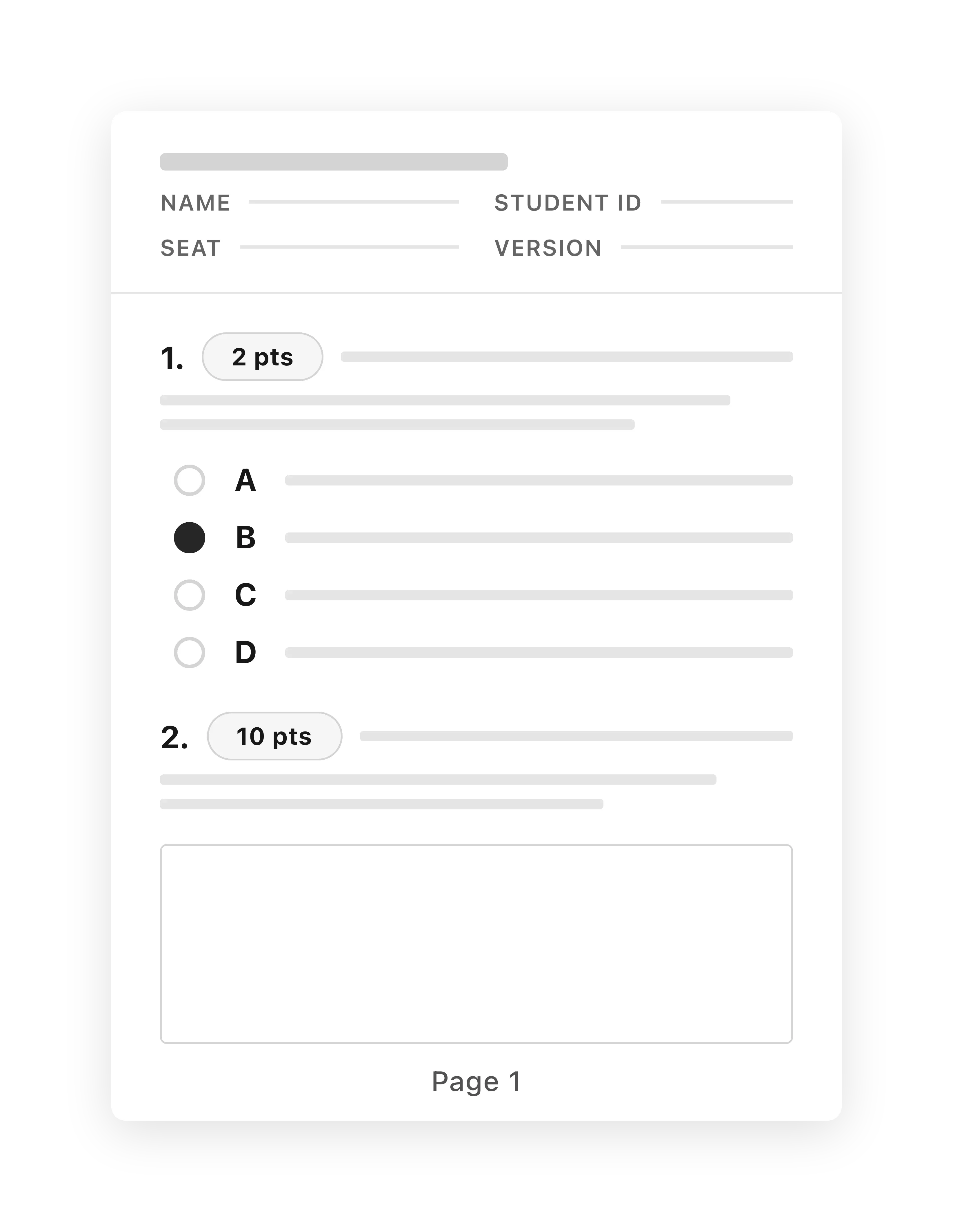 Example of a well-formatted exam page showing student ID fields, multiple choice with bubbles, free response with answer box, and page number