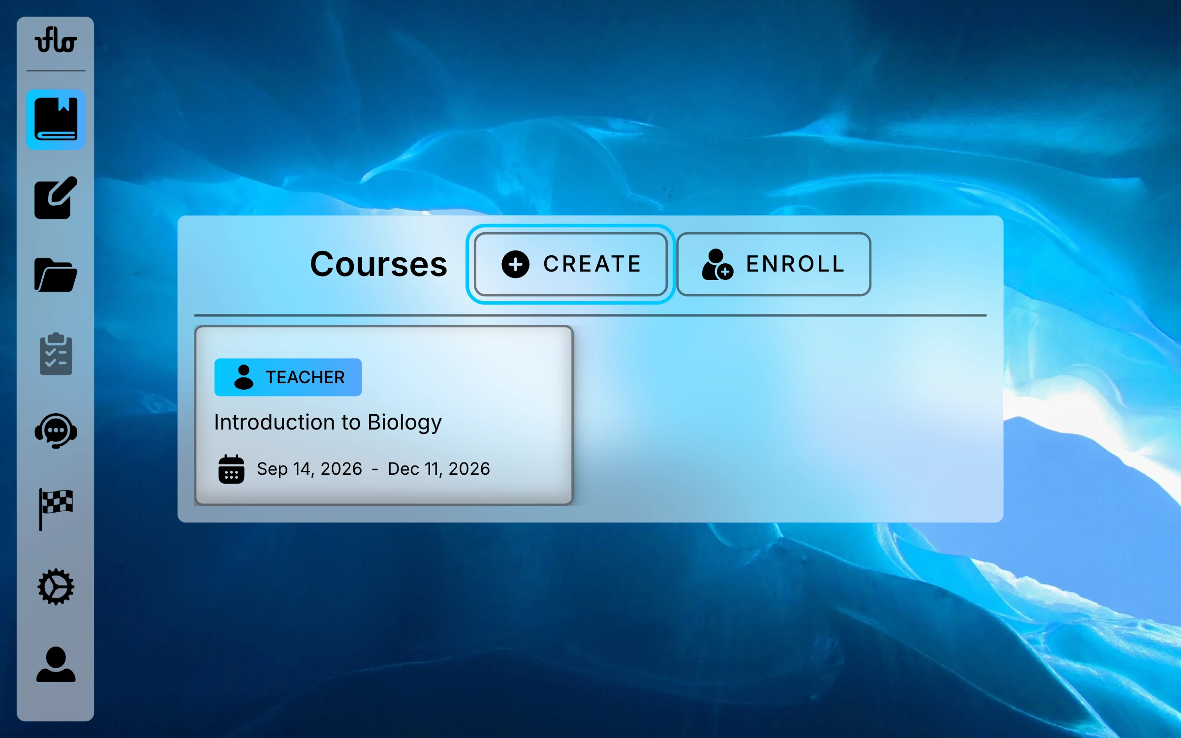 Uflo Courses page with the Create button highlighted beside the Courses heading, next to Enroll, above an Introduction to Biology course card.