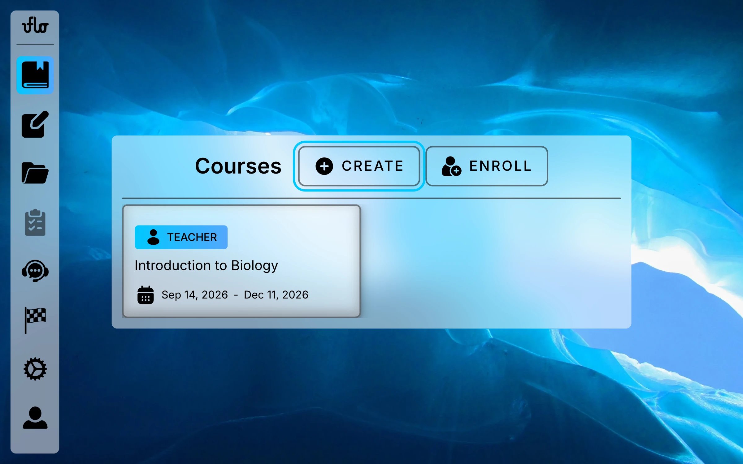 Uflo Courses page with the Create button highlighted beside the Courses heading, next to Enroll, above an Introduction to Biology course card.