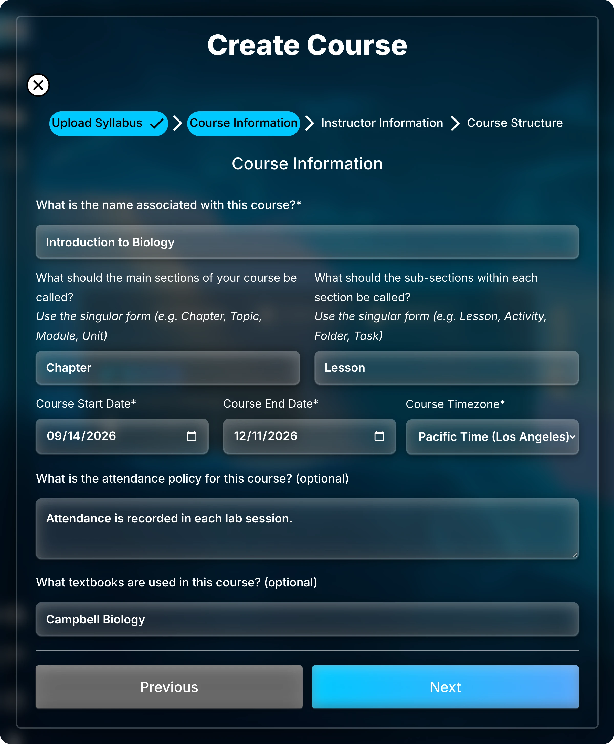 Course Information page filled in for Introduction to Biology, with Chapter and Lesson as section names, dates from September 14 to December 11, 2026, and Pacific Time selected.
