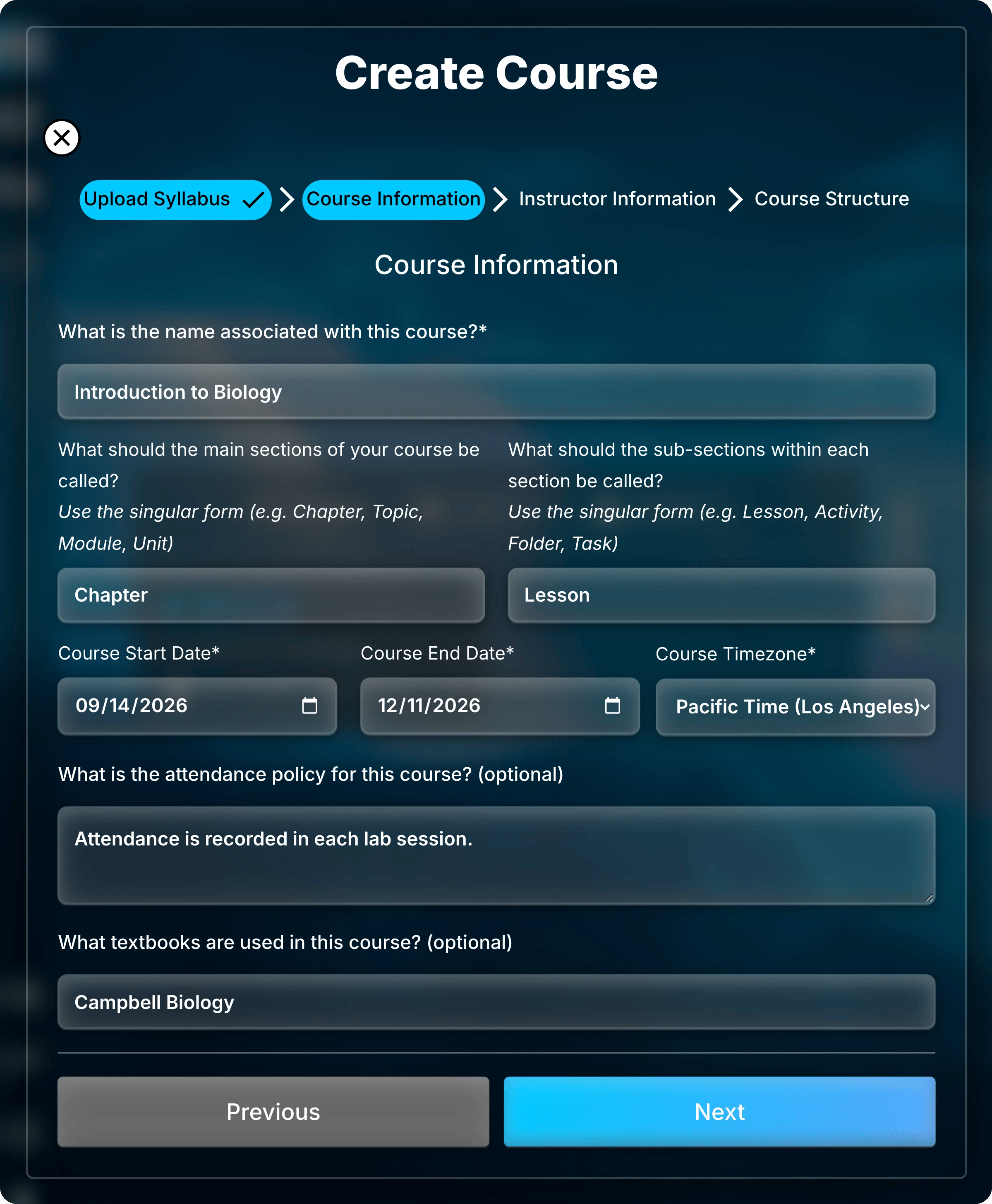 Course Information page filled in for Introduction to Biology, with Chapter and Lesson as section names, dates from September 14 to December 11, 2026, and Pacific Time selected.