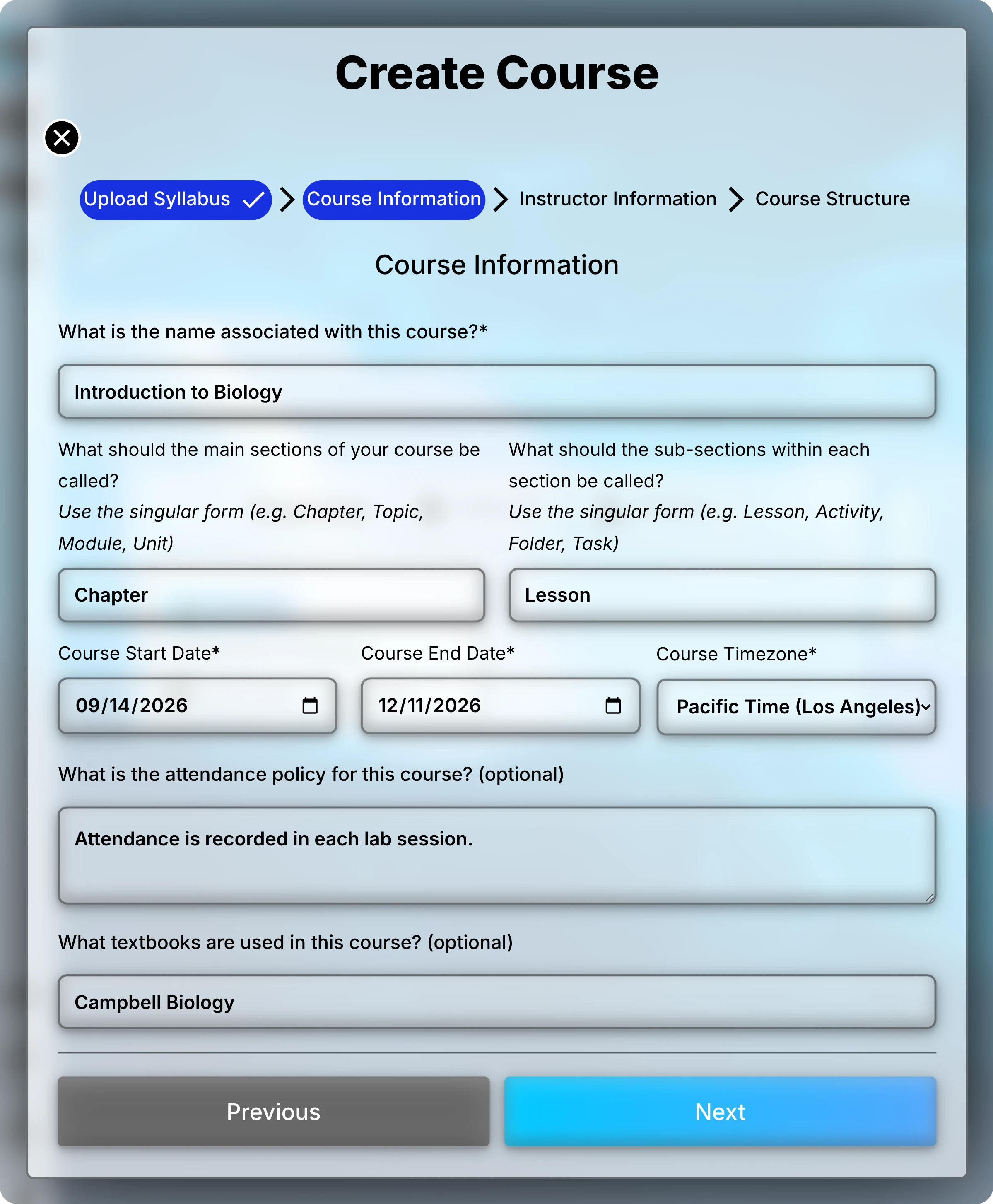 Course Information page filled in for Introduction to Biology, with Chapter and Lesson as section names, dates from September 14 to December 11, 2026, and Pacific Time selected.