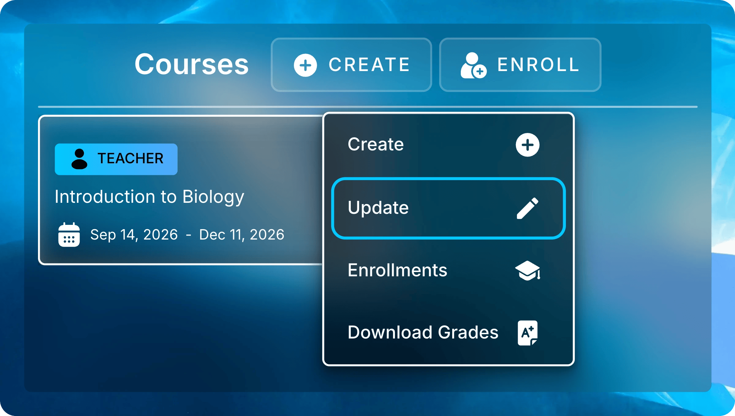 Menu open on the Introduction to Biology course card with Update highlighted among Create, Enrollments, and Download Grades.