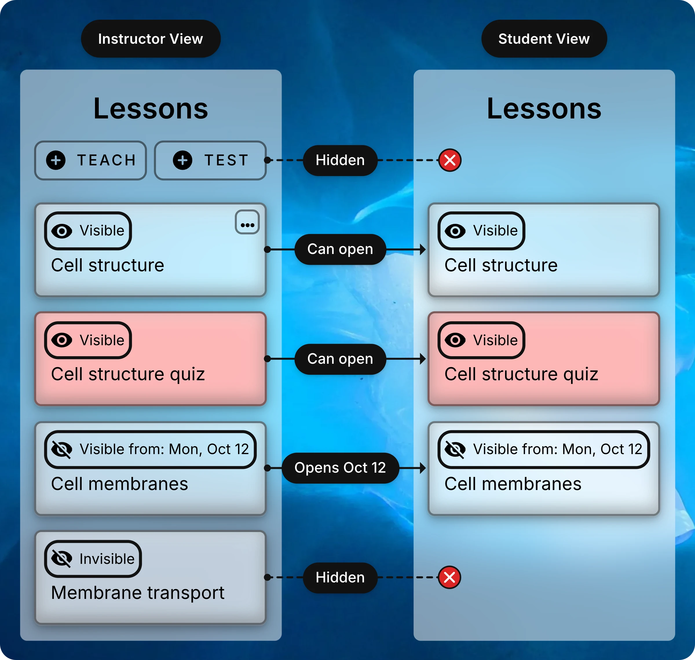 An instructor's Lessons list beside a student's, which has no Teach or Test buttons. Lines link each lesson's visibility label to what students get: Cell structure and Cell structure quiz can be opened, Cell membranes opens Oct 12, and Membrane transport is hidden from students.