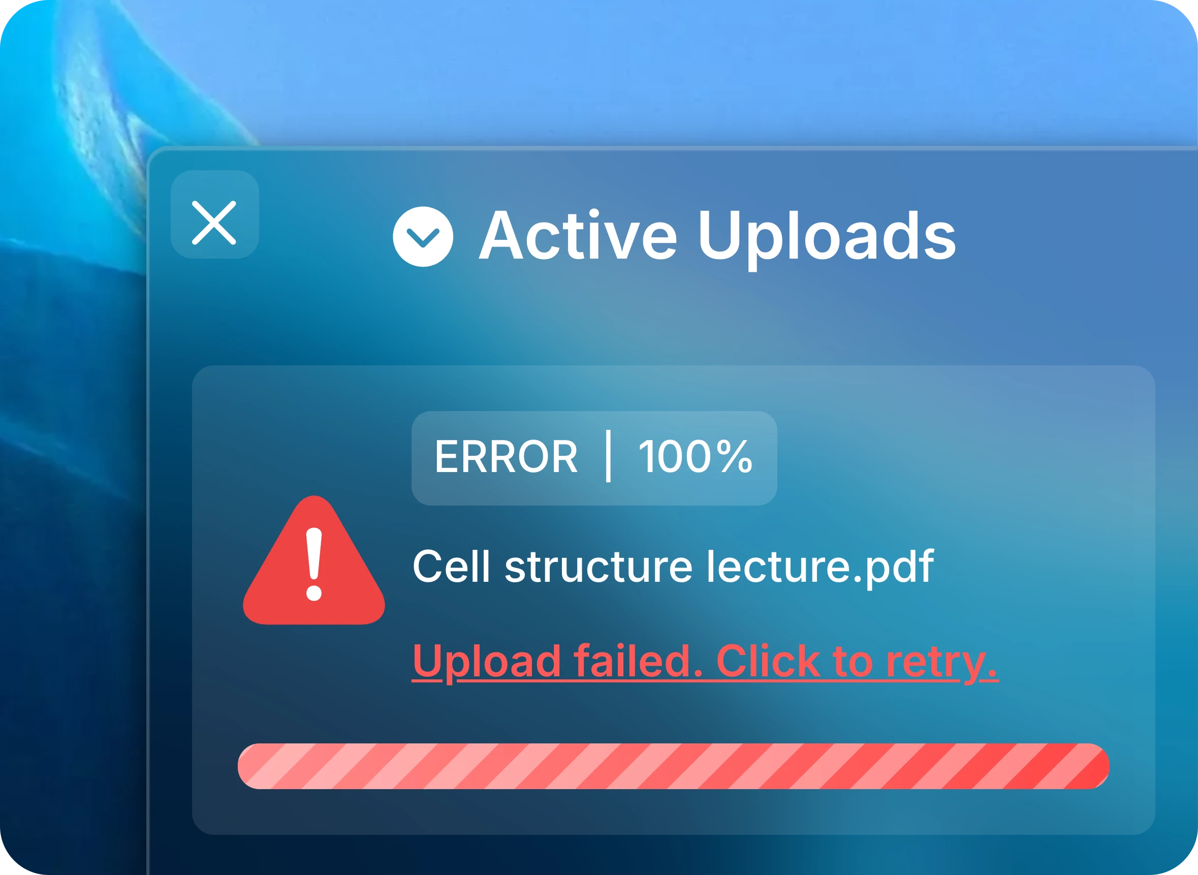 Active Uploads panel with Cell structure lecture.pdf failed and the Upload failed. Click to retry. message.