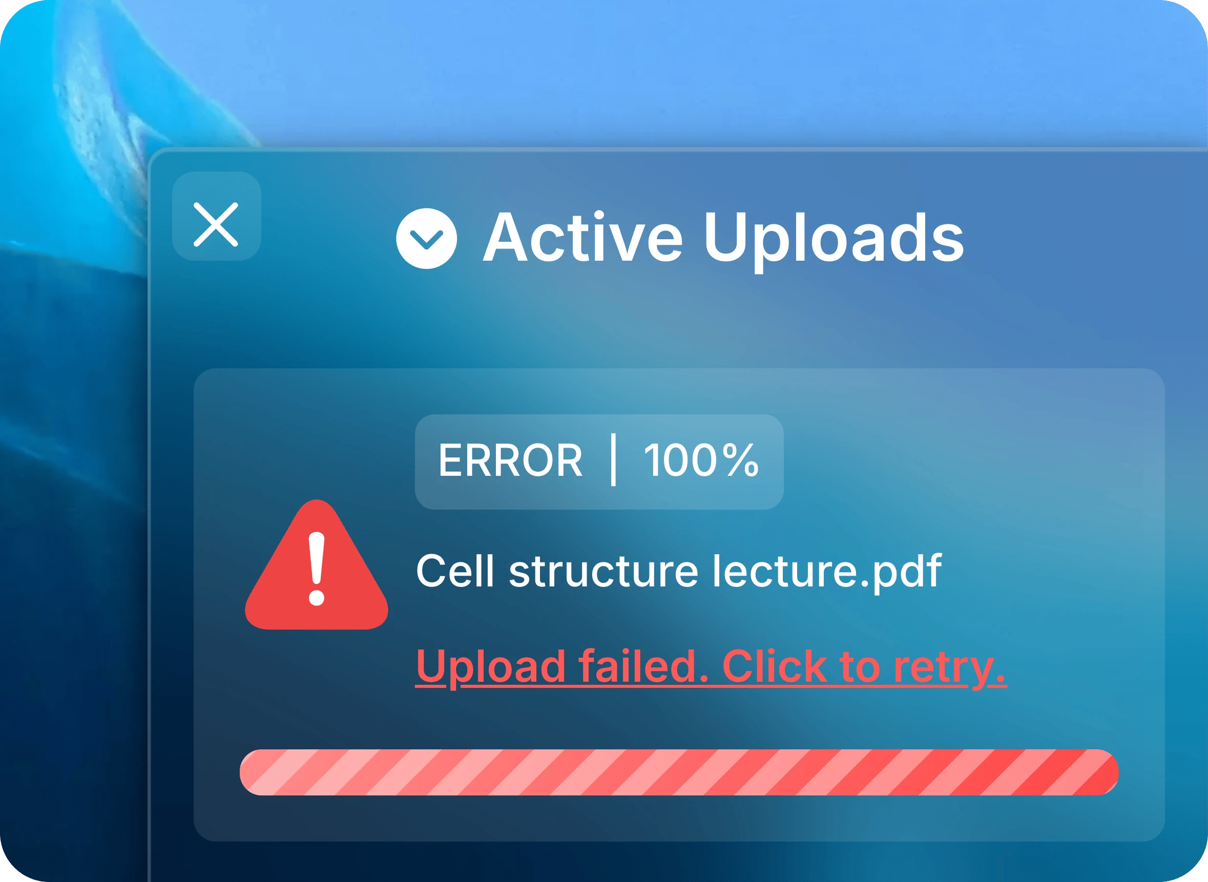 Active Uploads panel with Cell structure lecture.pdf failed and the Upload failed. Click to retry. message.