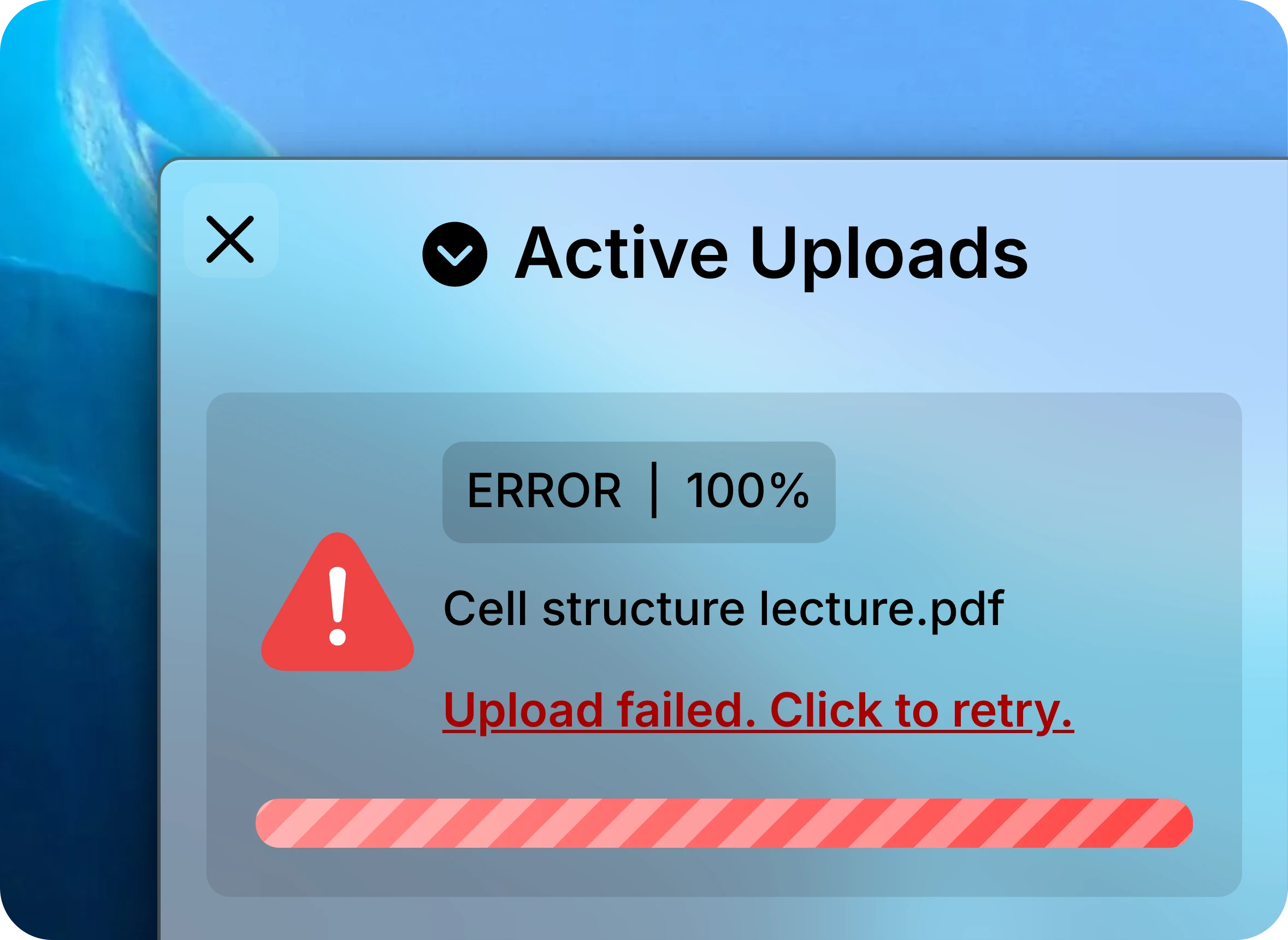 Active Uploads panel with Cell structure lecture.pdf failed and the Upload failed. Click to retry. message.