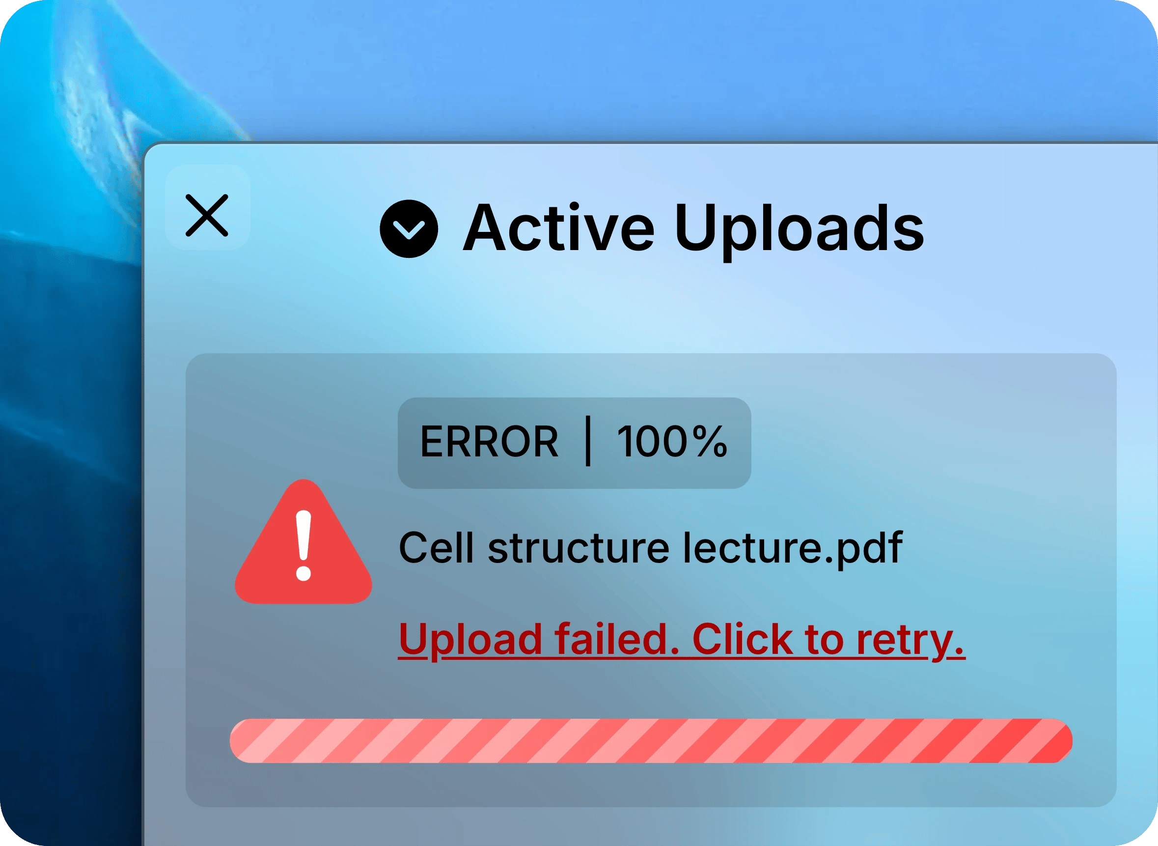 Active Uploads panel with Cell structure lecture.pdf failed and the Upload failed. Click to retry. message.
