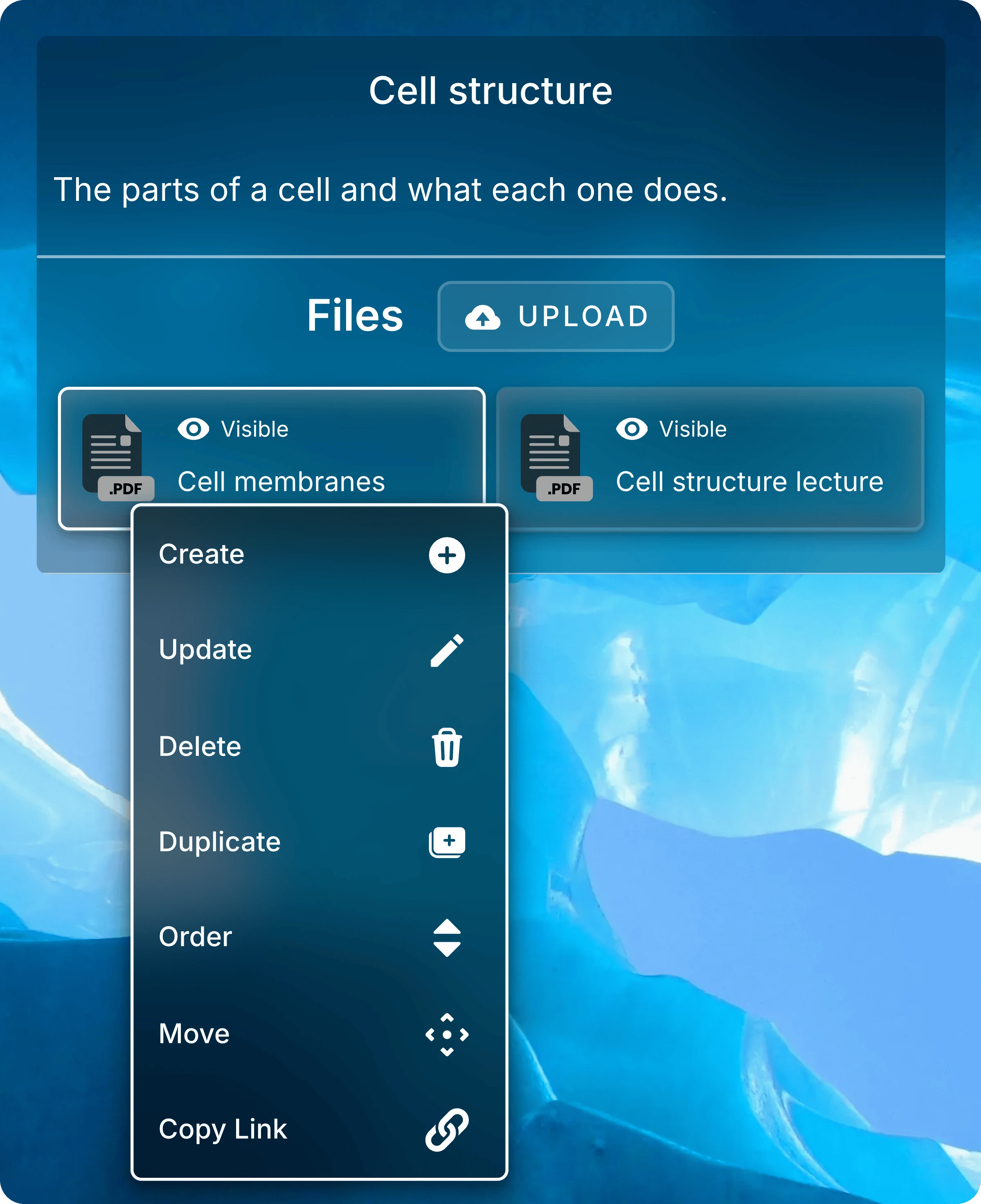 Menu open on the Cell membranes file, listing Create, Update, Delete, Duplicate, Order, Move, and Copy Link.