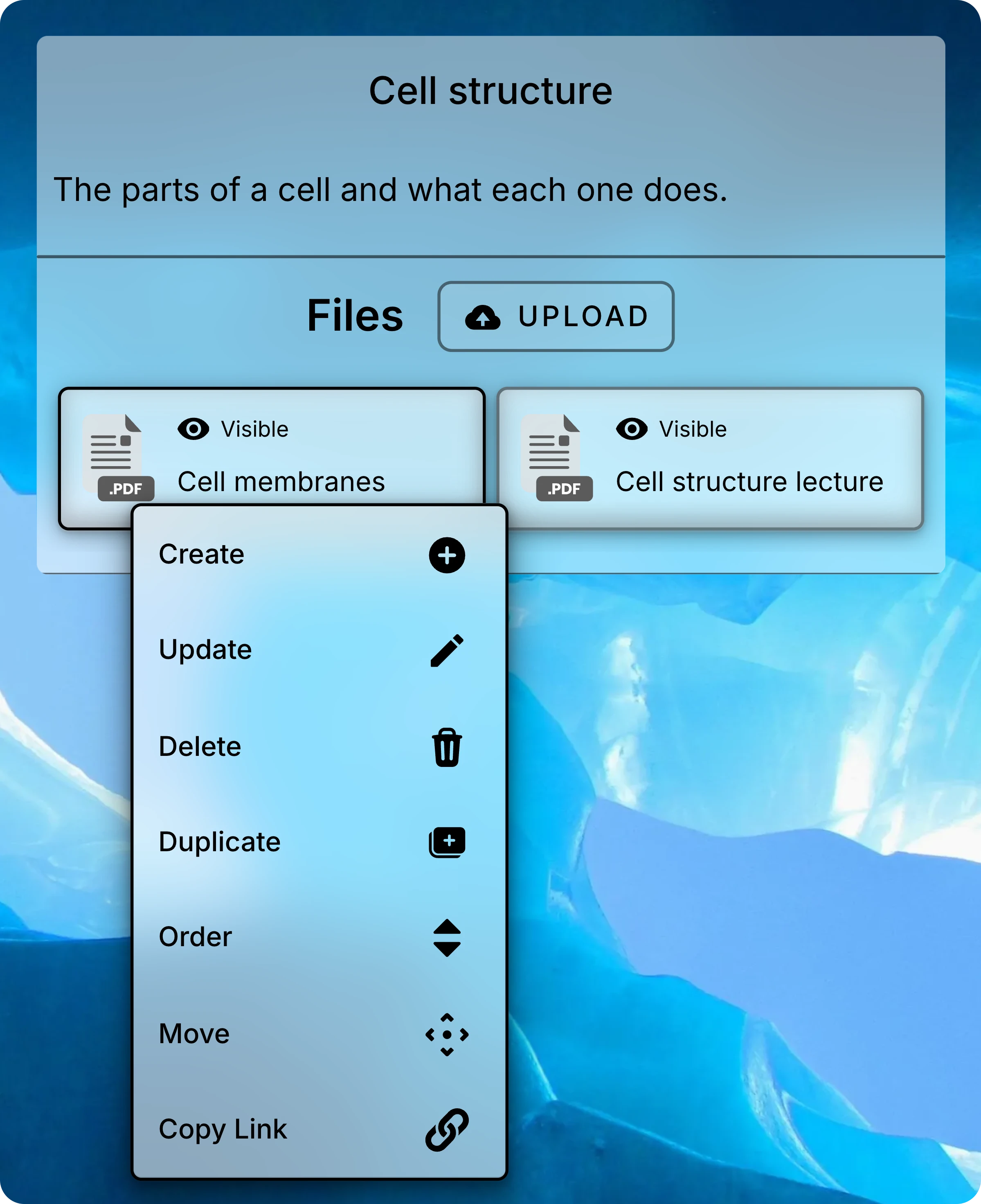 Menu open on the Cell membranes file, listing Create, Update, Delete, Duplicate, Order, Move, and Copy Link.