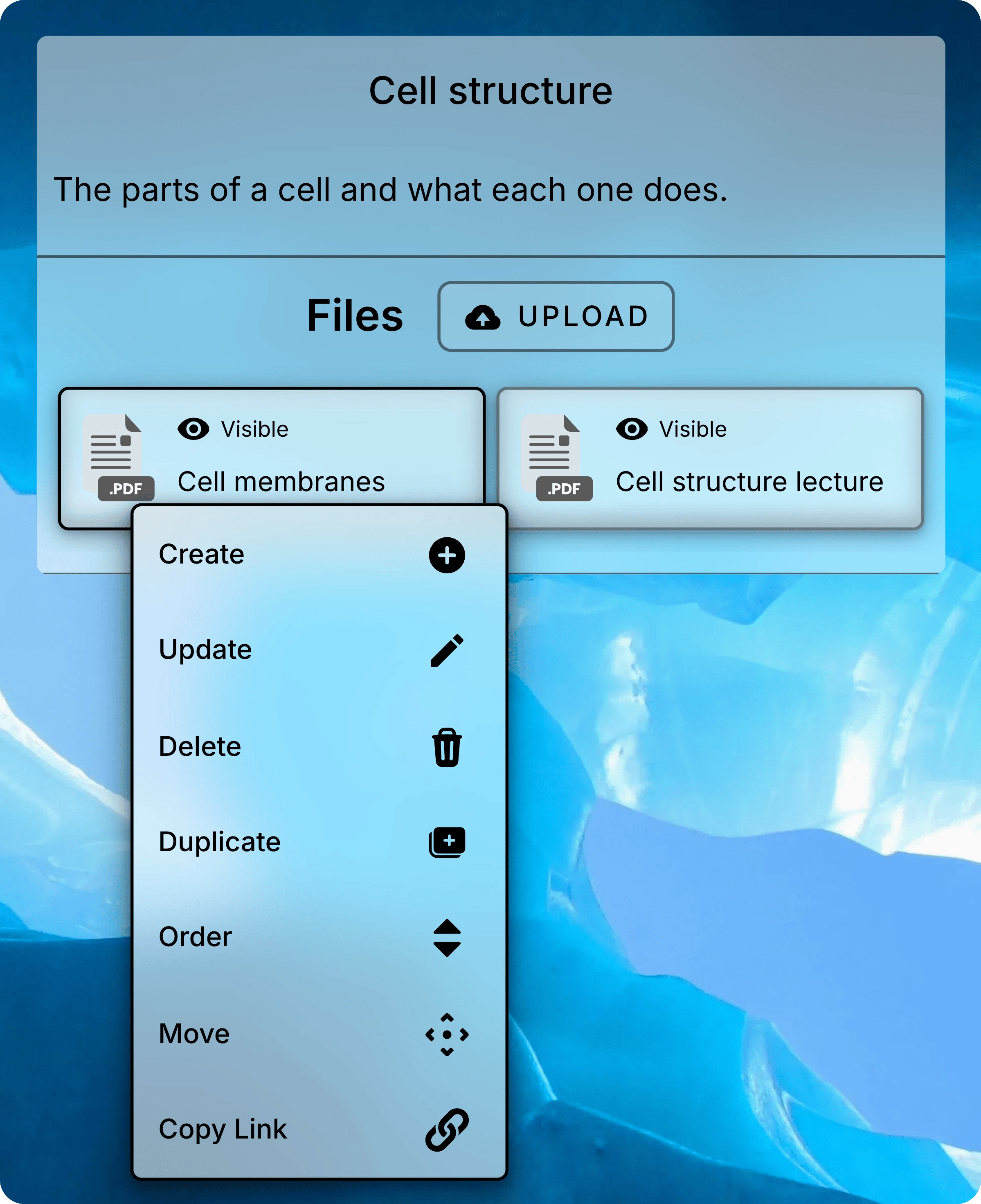 Menu open on the Cell membranes file, listing Create, Update, Delete, Duplicate, Order, Move, and Copy Link.