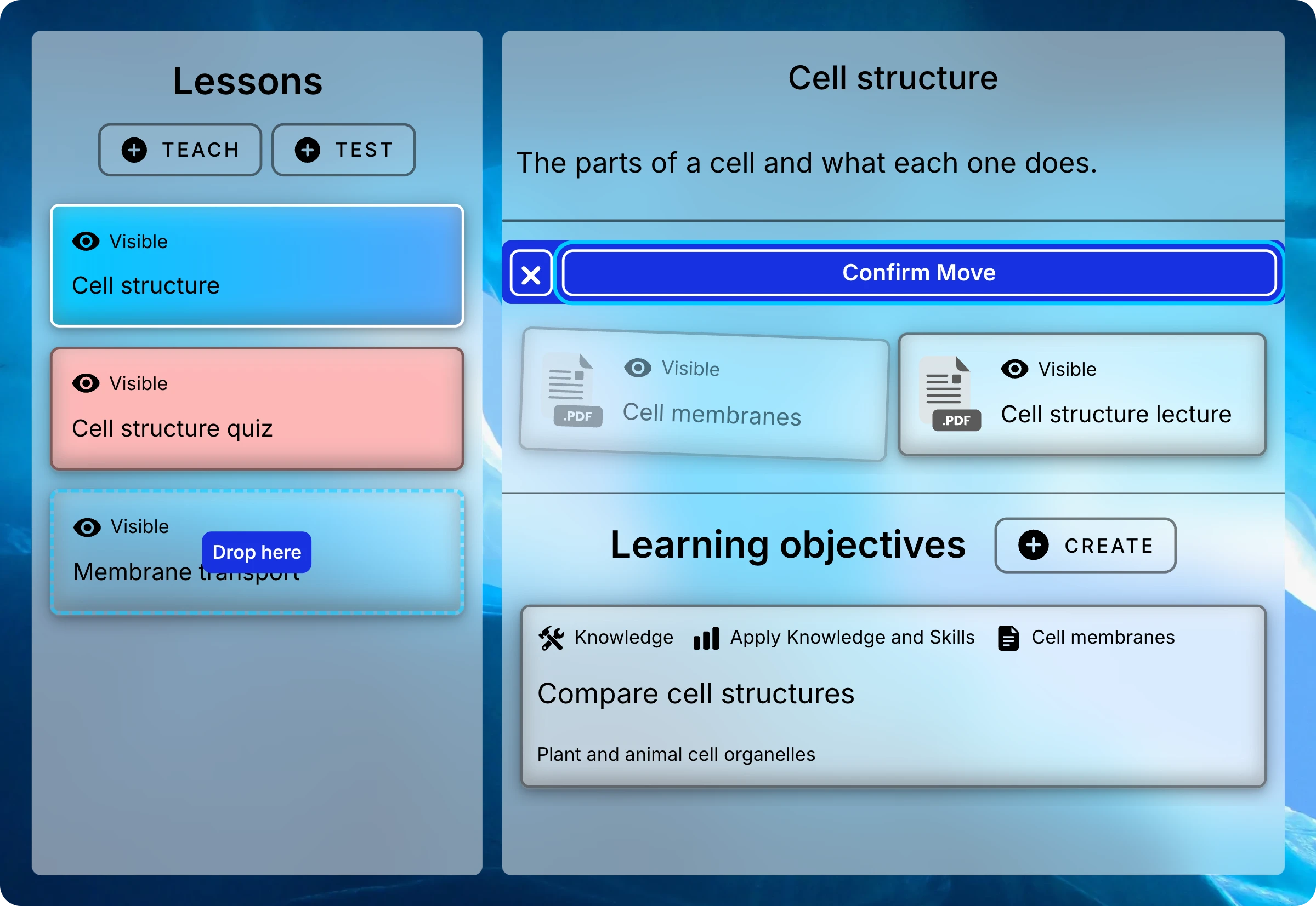 Cell membranes being dragged onto the Membrane transport lesson, which shows Drop here, with Confirm Move above the files.