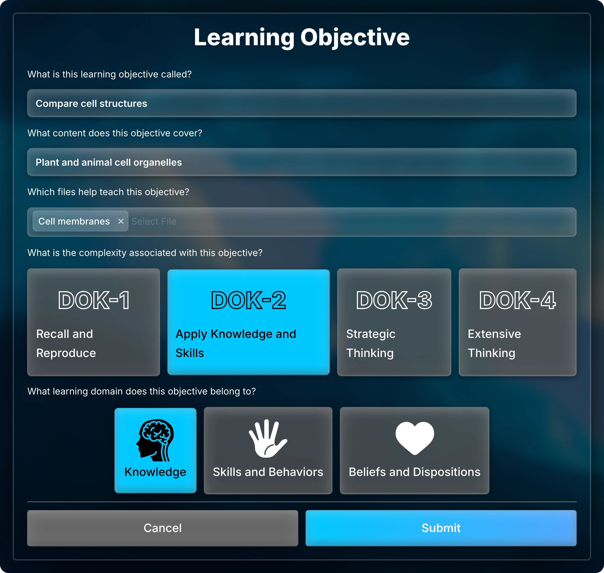 Learning objective form for Compare cell structures, with Cell membranes as its file, DOK-2 Apply Knowledge and Skills selected, and Knowledge selected.