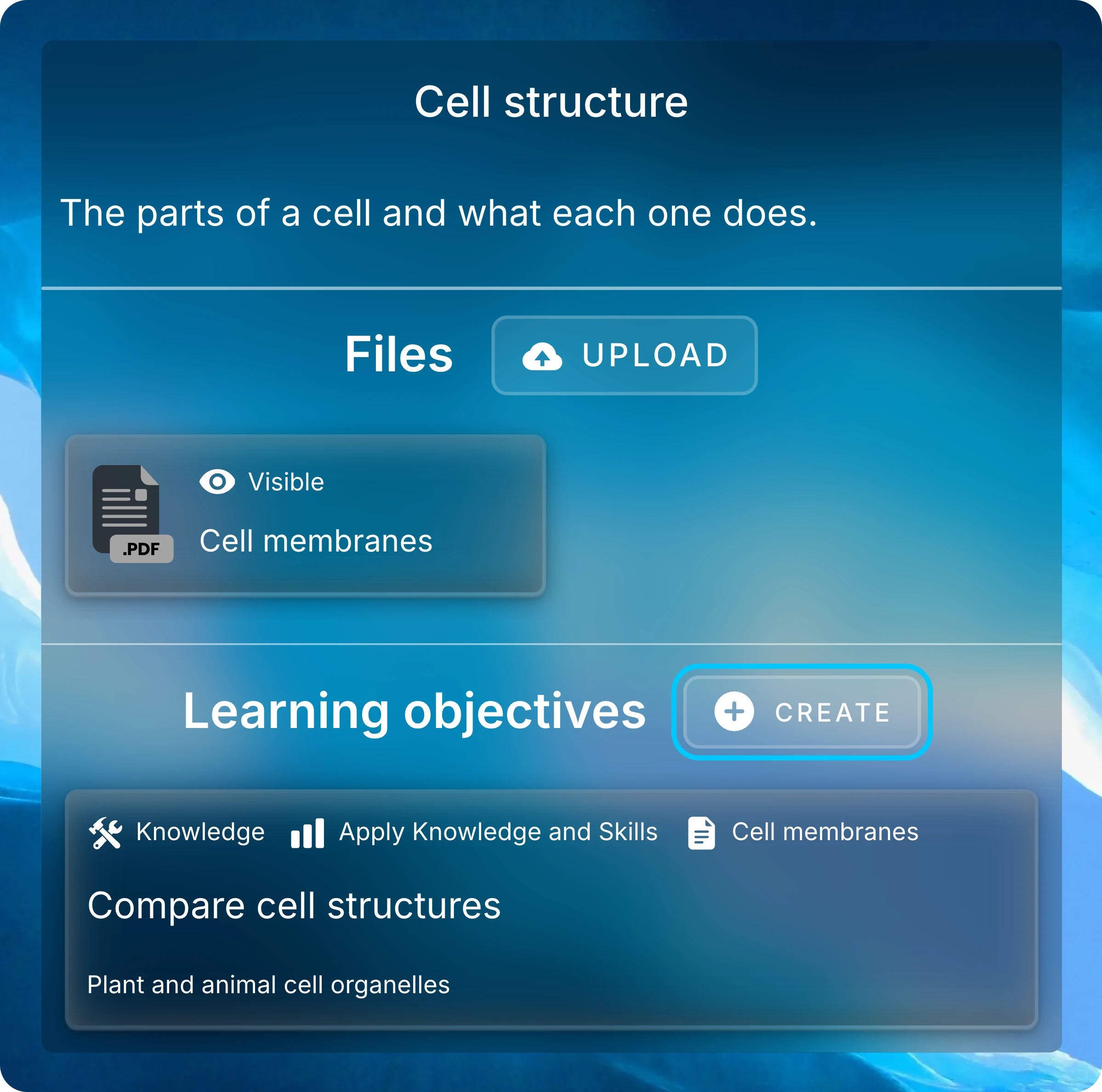 Cell structure lesson panel with the Create button beside Learning objectives highlighted and the Compare cell structures objective below.