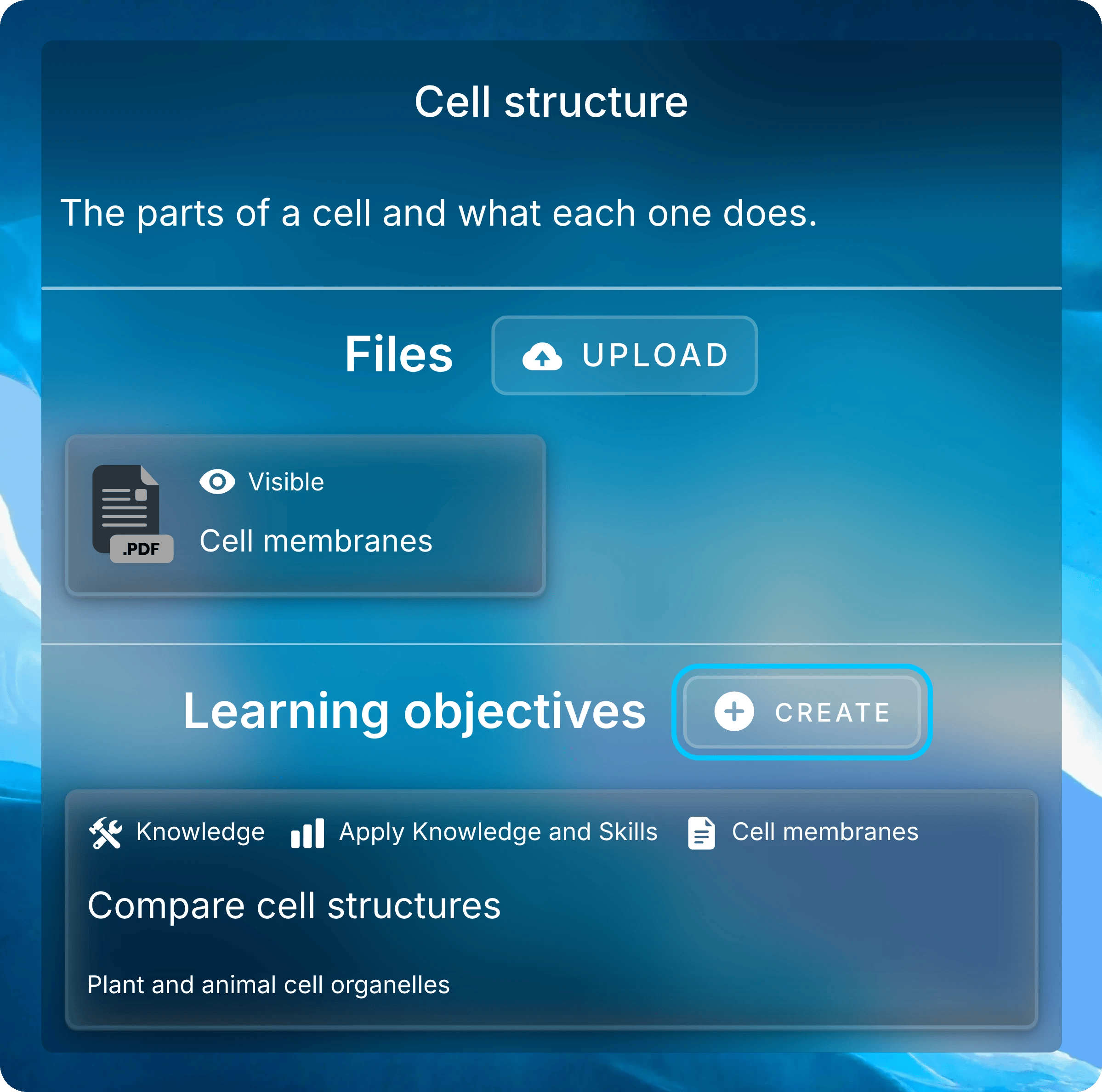 Cell structure lesson panel with the Create button beside Learning objectives highlighted and the Compare cell structures objective below.