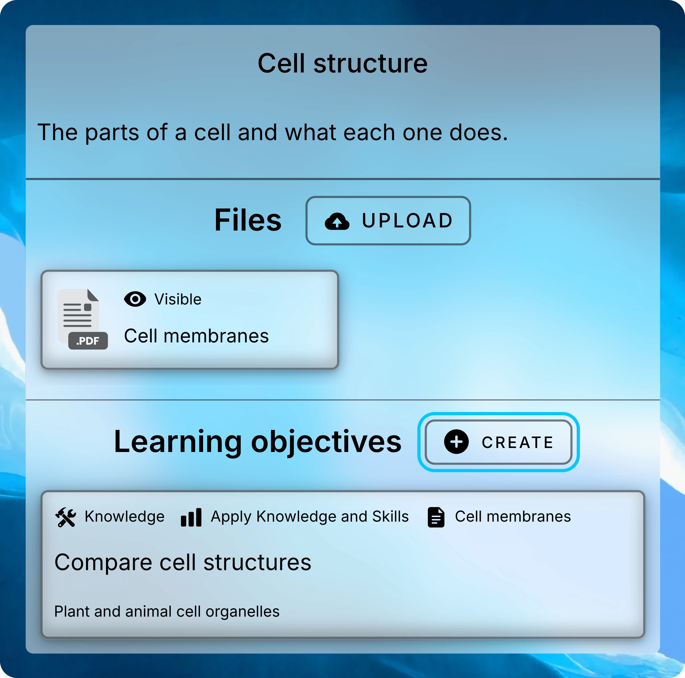 Cell structure lesson panel with the Create button beside Learning objectives highlighted and the Compare cell structures objective below.