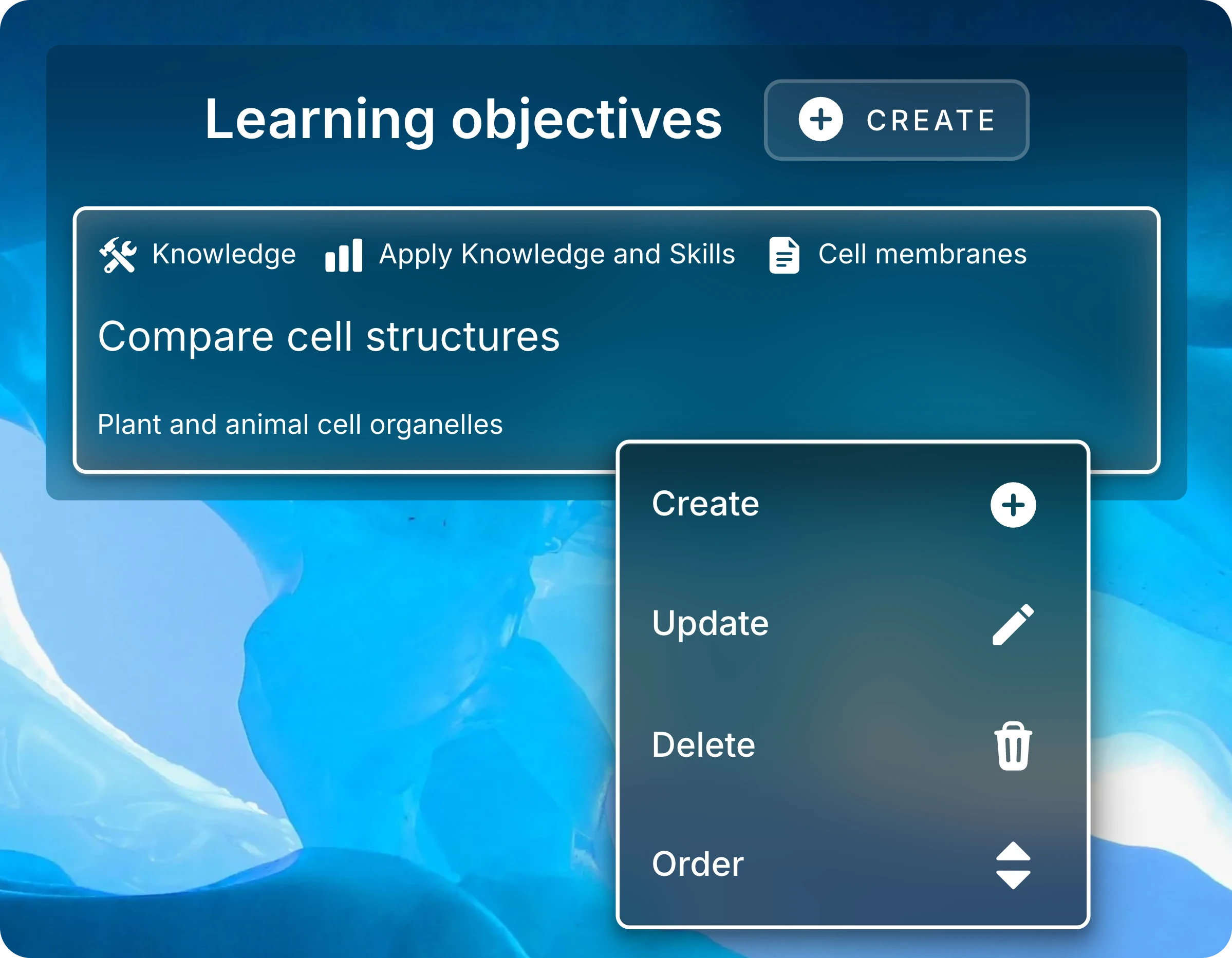 Menu open on the Compare cell structures objective, listing Create, Update, Delete, and Order.