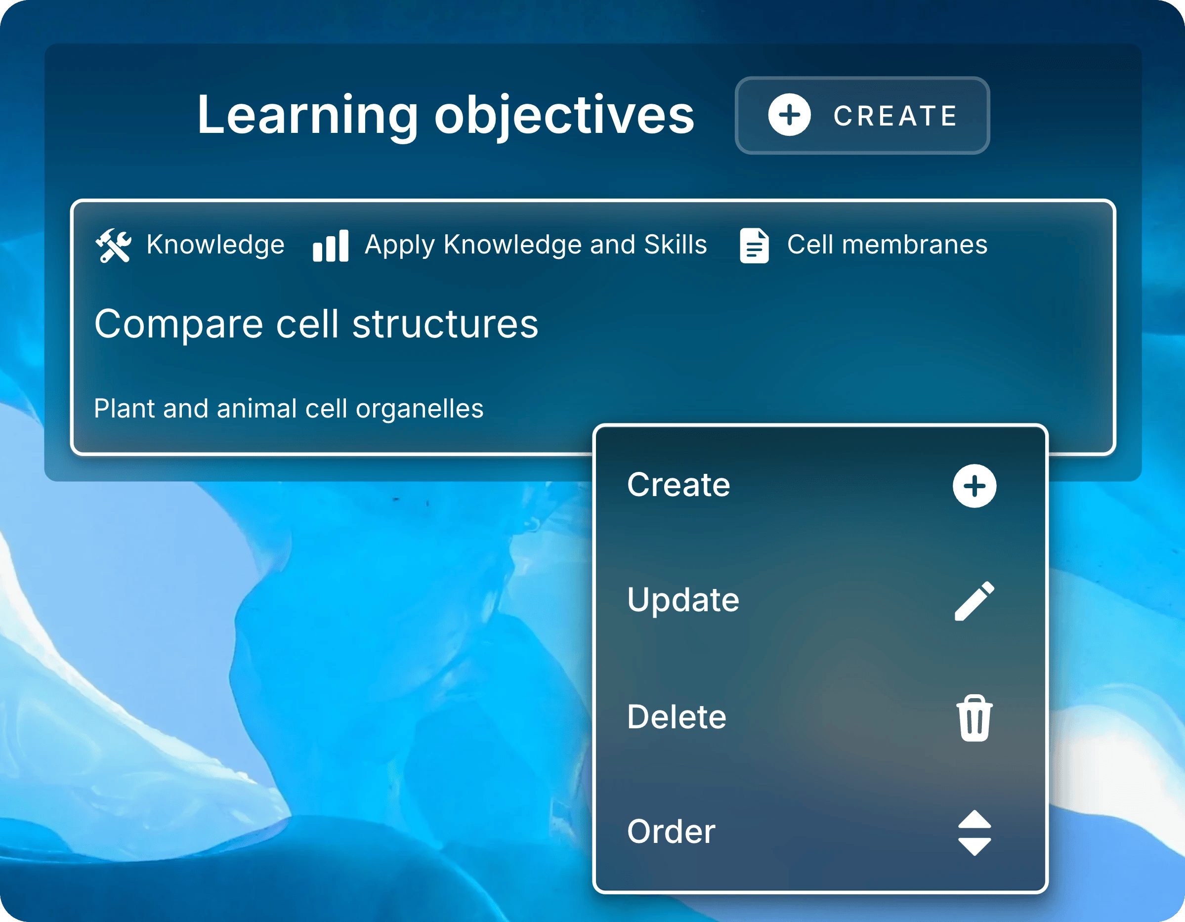 Menu open on the Compare cell structures objective, listing Create, Update, Delete, and Order.