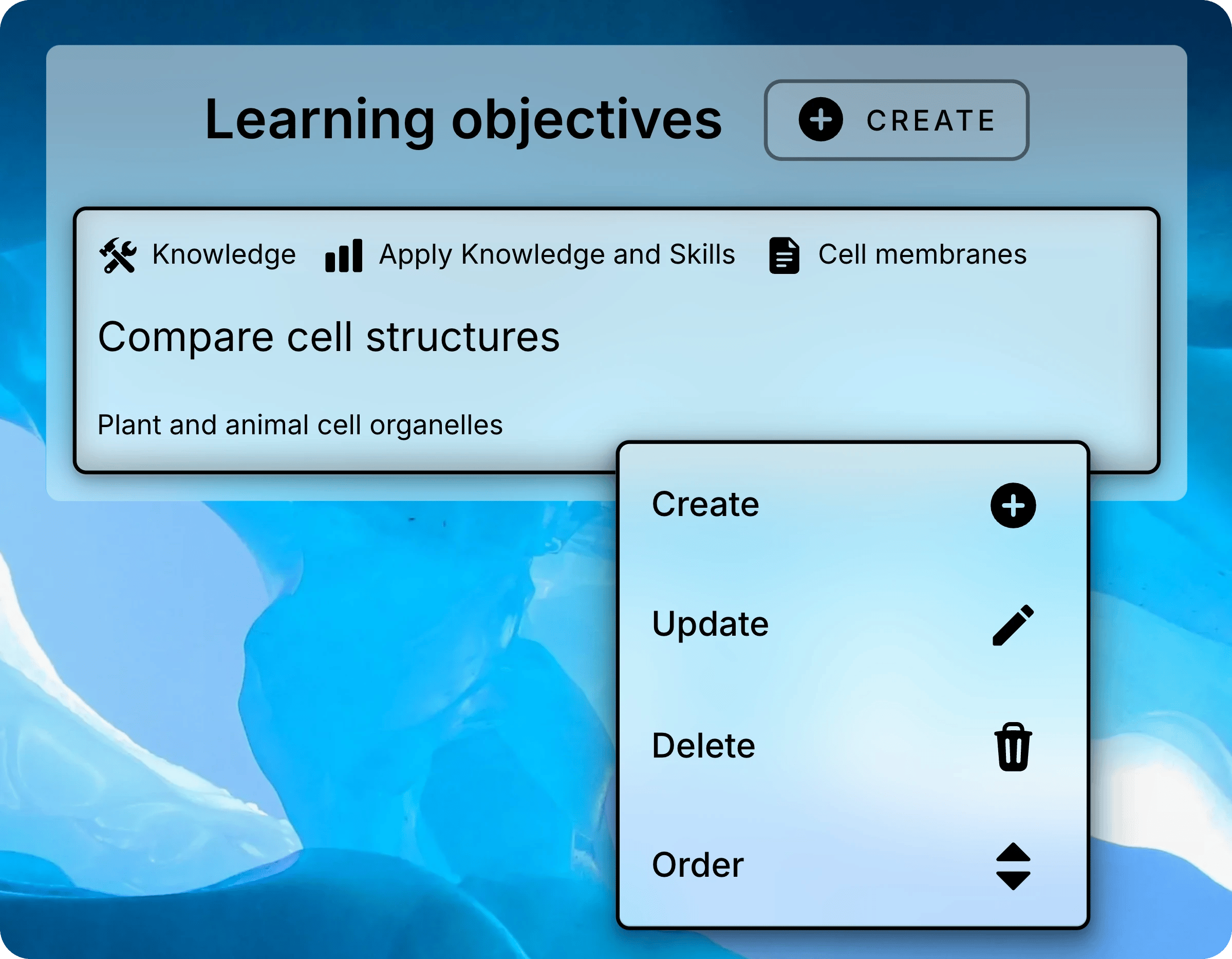 Menu open on the Compare cell structures objective, listing Create, Update, Delete, and Order.