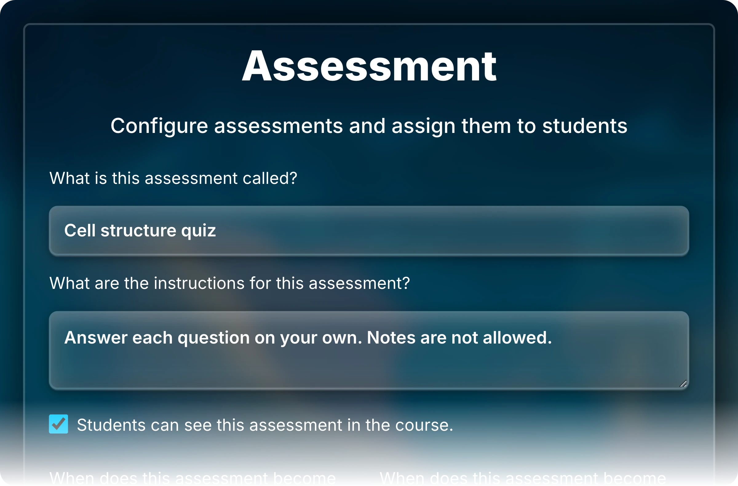 Top of the Assessment form for Cell structure quiz, with its name and instructions fields and the visibility checkbox selected.