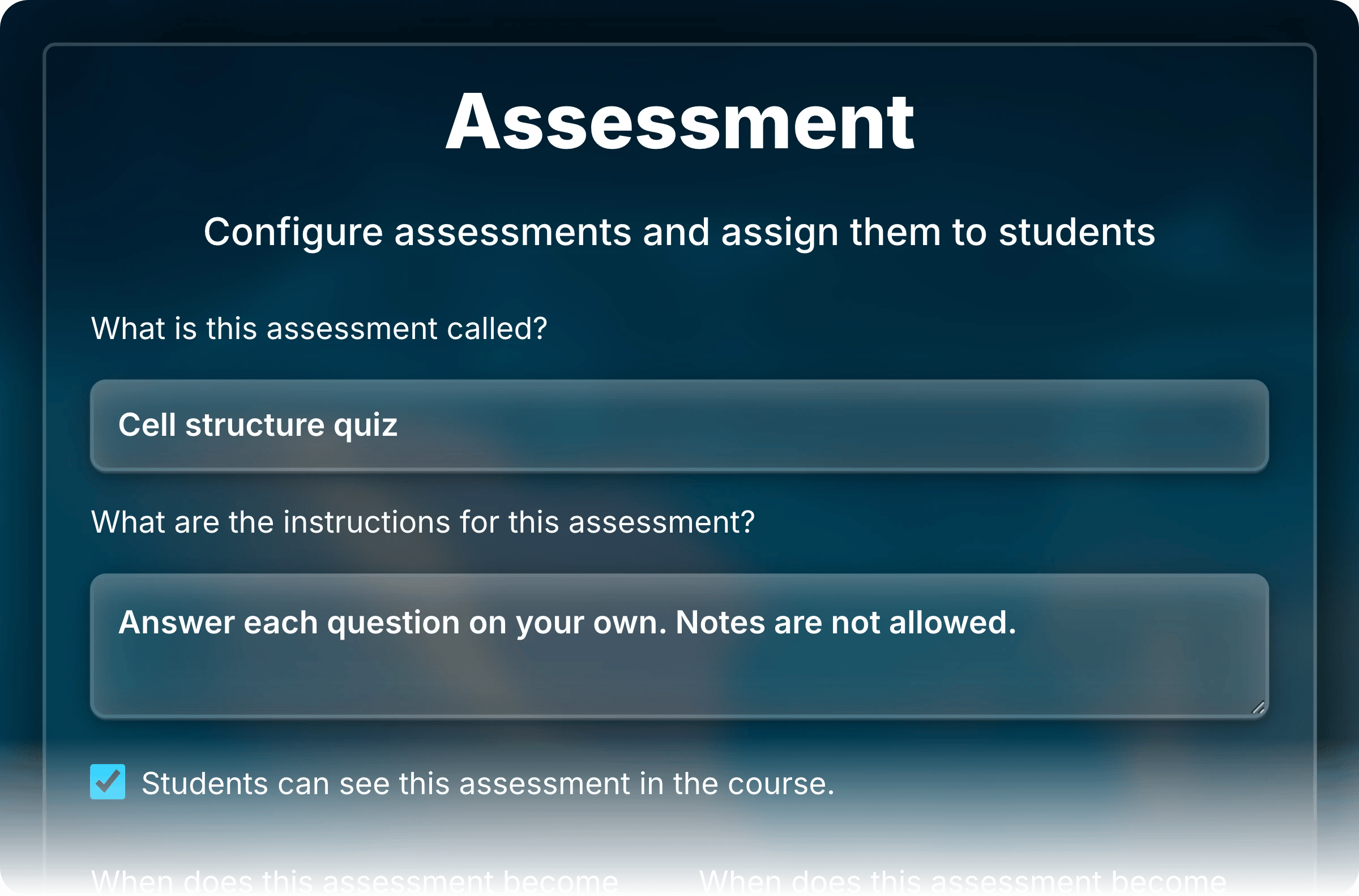 Top of the Assessment form for Cell structure quiz, with its name and instructions fields and the visibility checkbox selected.