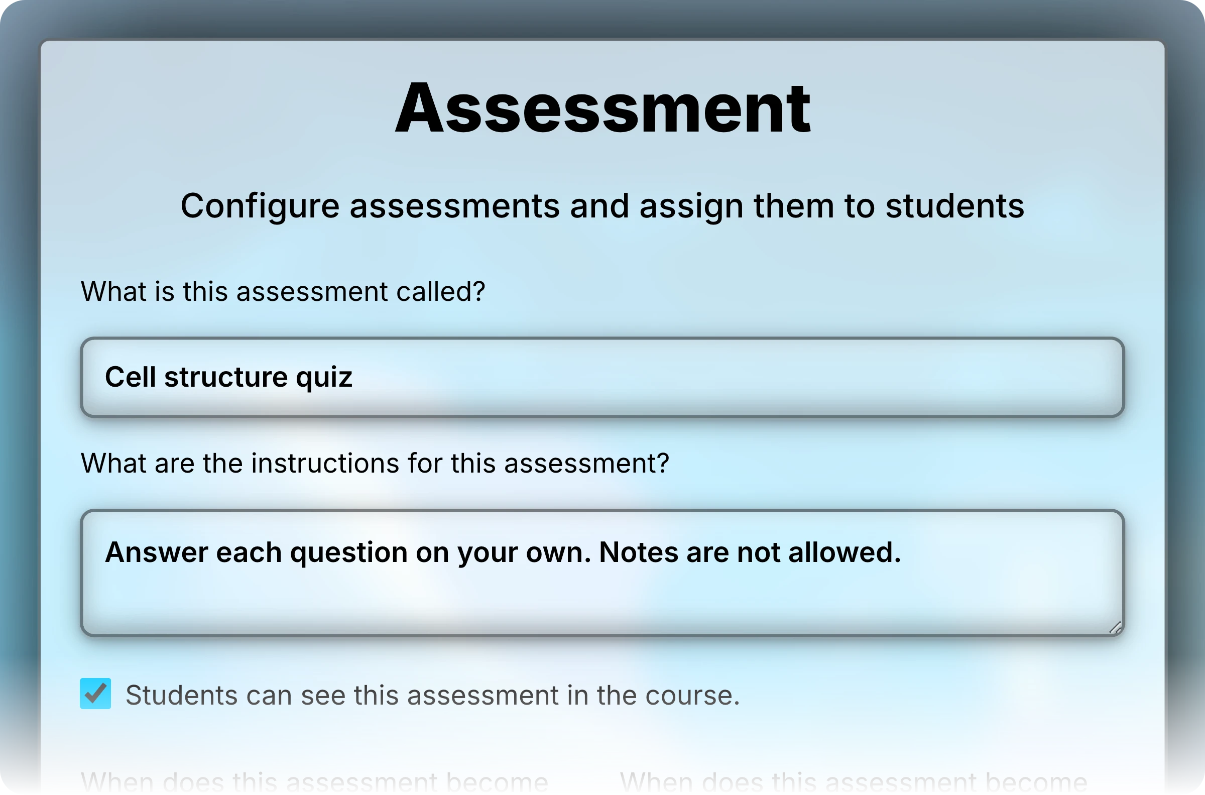 Top of the Assessment form for Cell structure quiz, with its name and instructions fields and the visibility checkbox selected.