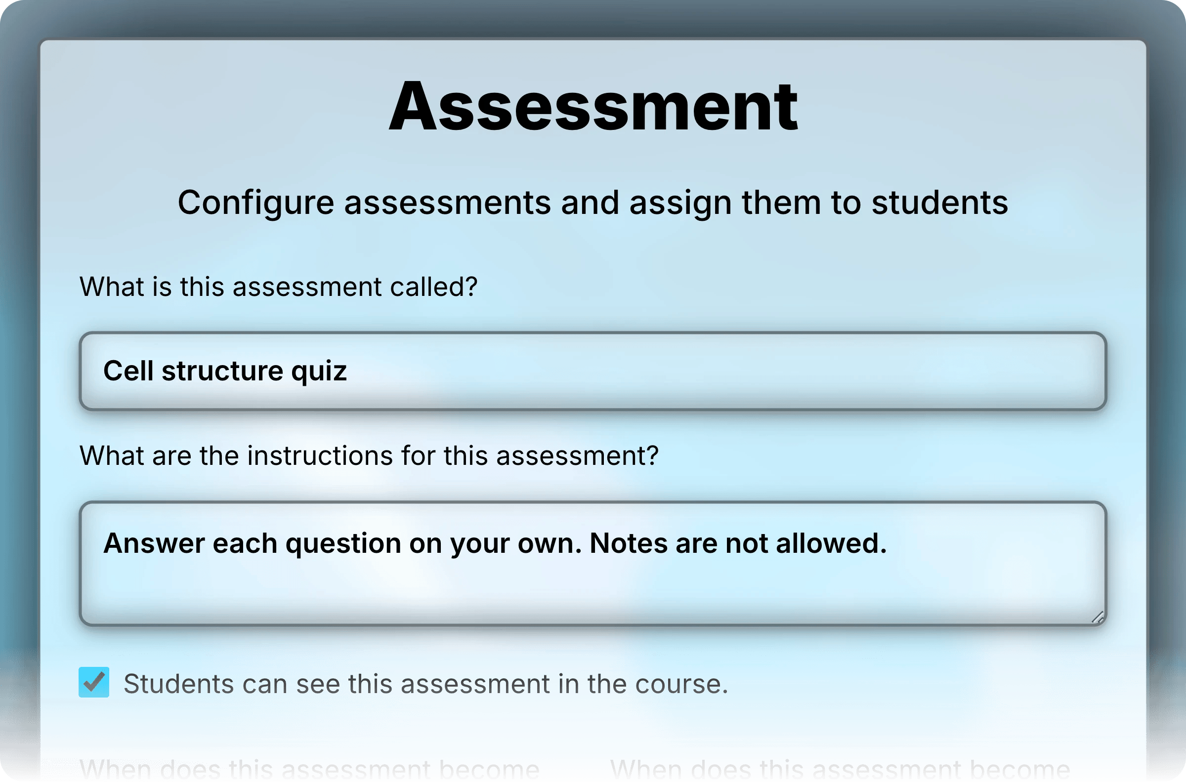 Top of the Assessment form for Cell structure quiz, with its name and instructions fields and the visibility checkbox selected.