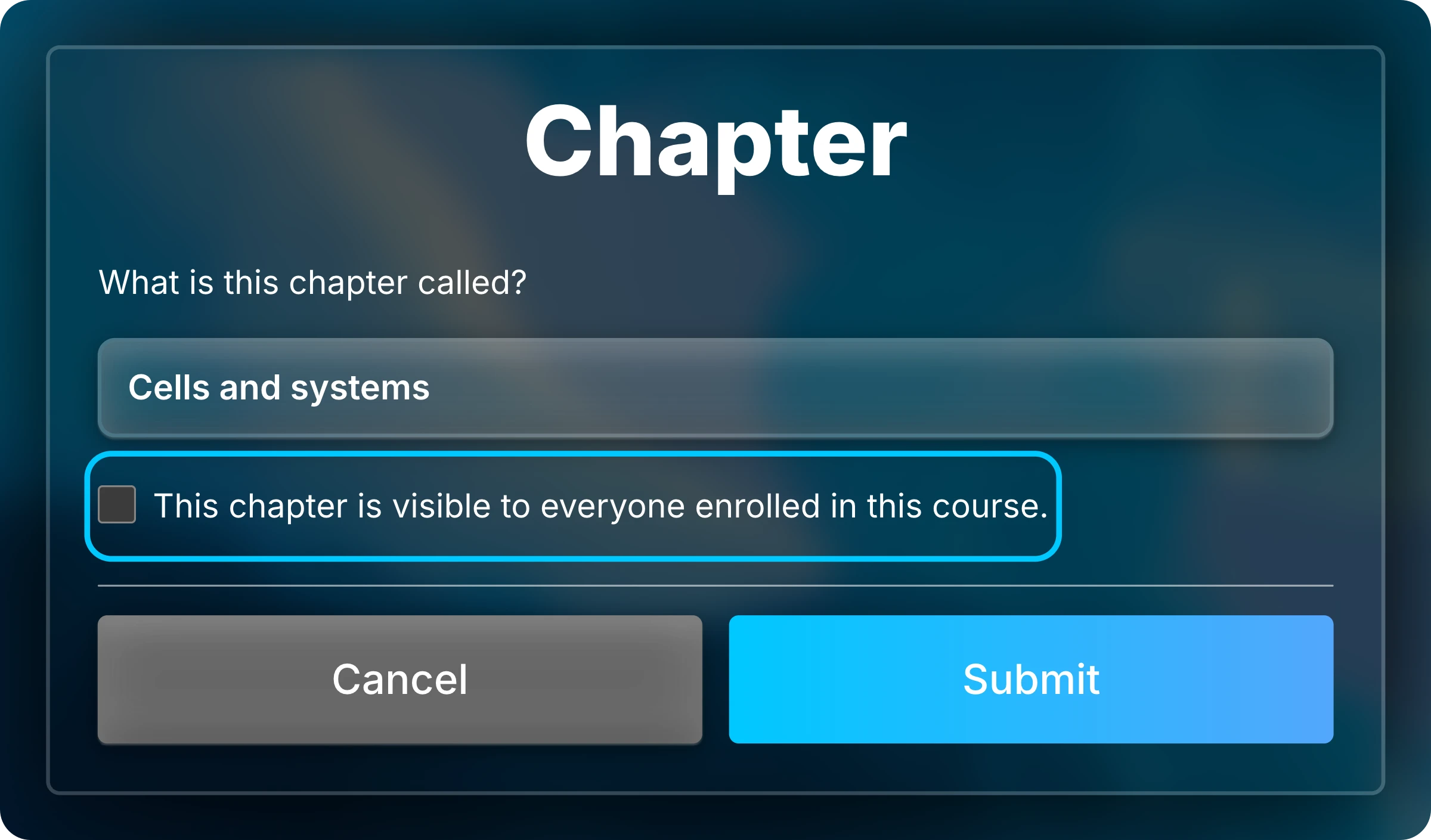 Chapter form for Cells and systems with the visibility checkbox unchecked and highlighted.