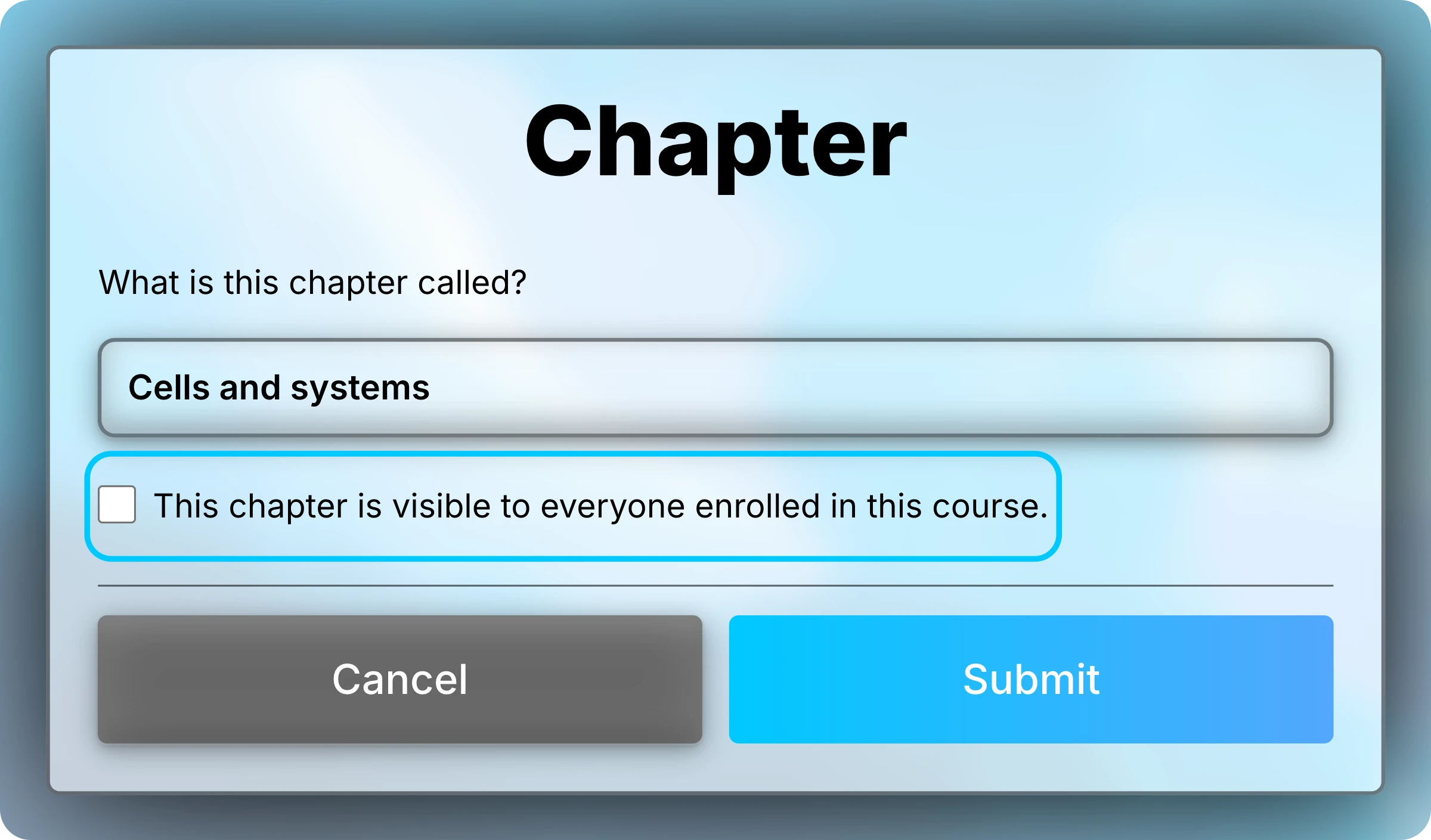 Chapter form for Cells and systems with the visibility checkbox unchecked and highlighted.