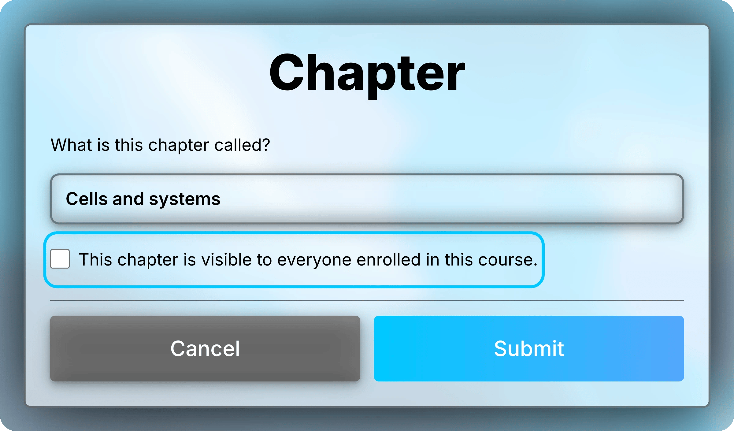 Chapter form for Cells and systems with the visibility checkbox unchecked and highlighted.