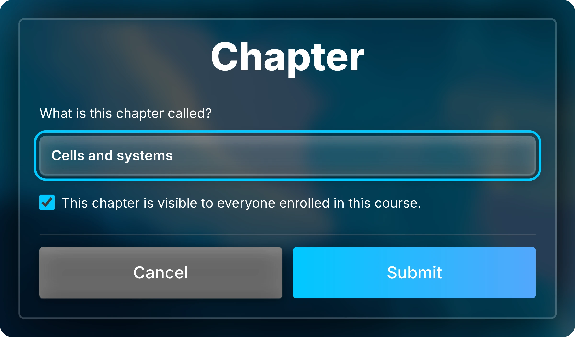 Chapter form with Cells and systems entered as the name, highlighted, and the visibility checkbox selected.