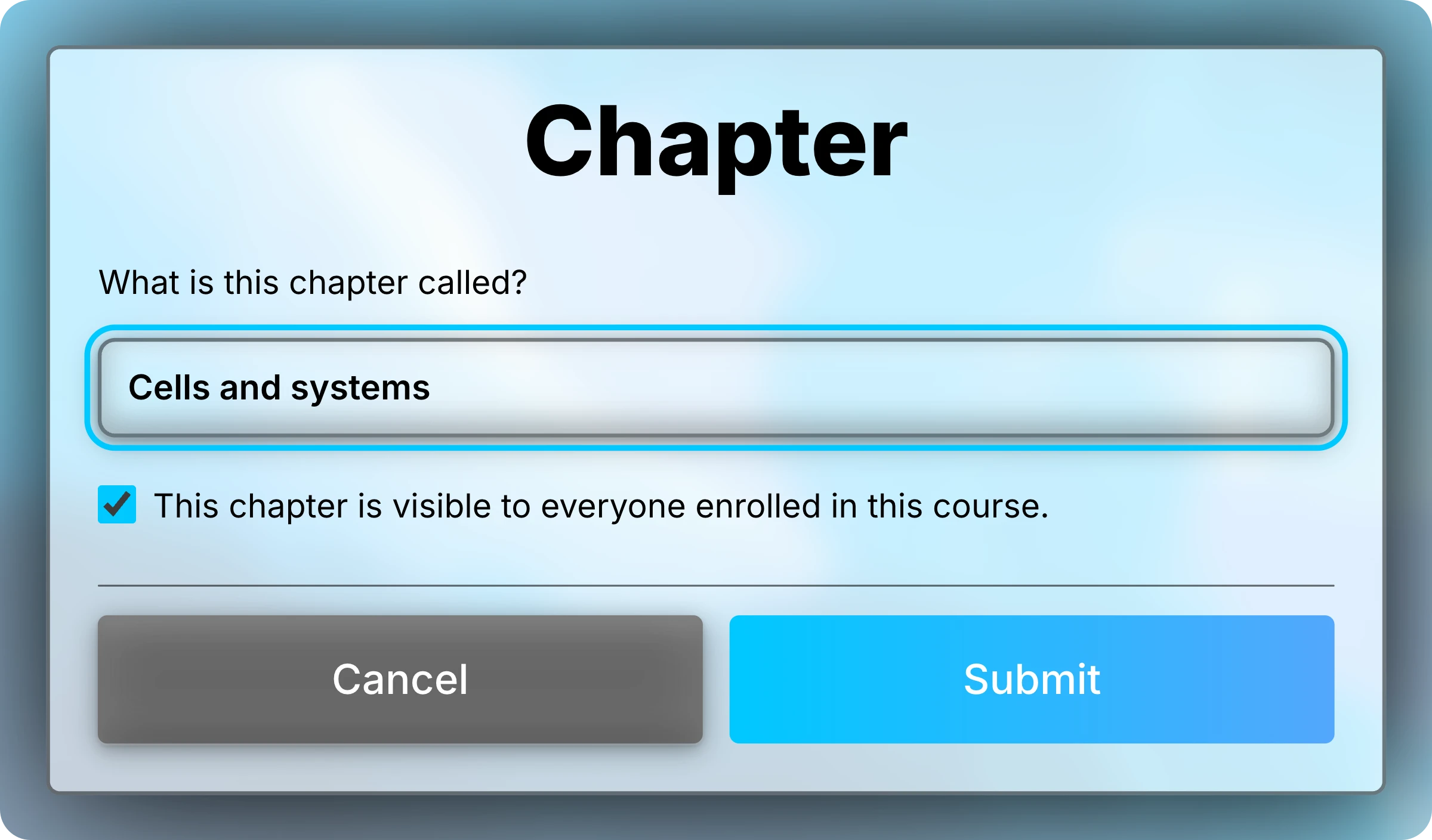Chapter form with Cells and systems entered as the name, highlighted, and the visibility checkbox selected.