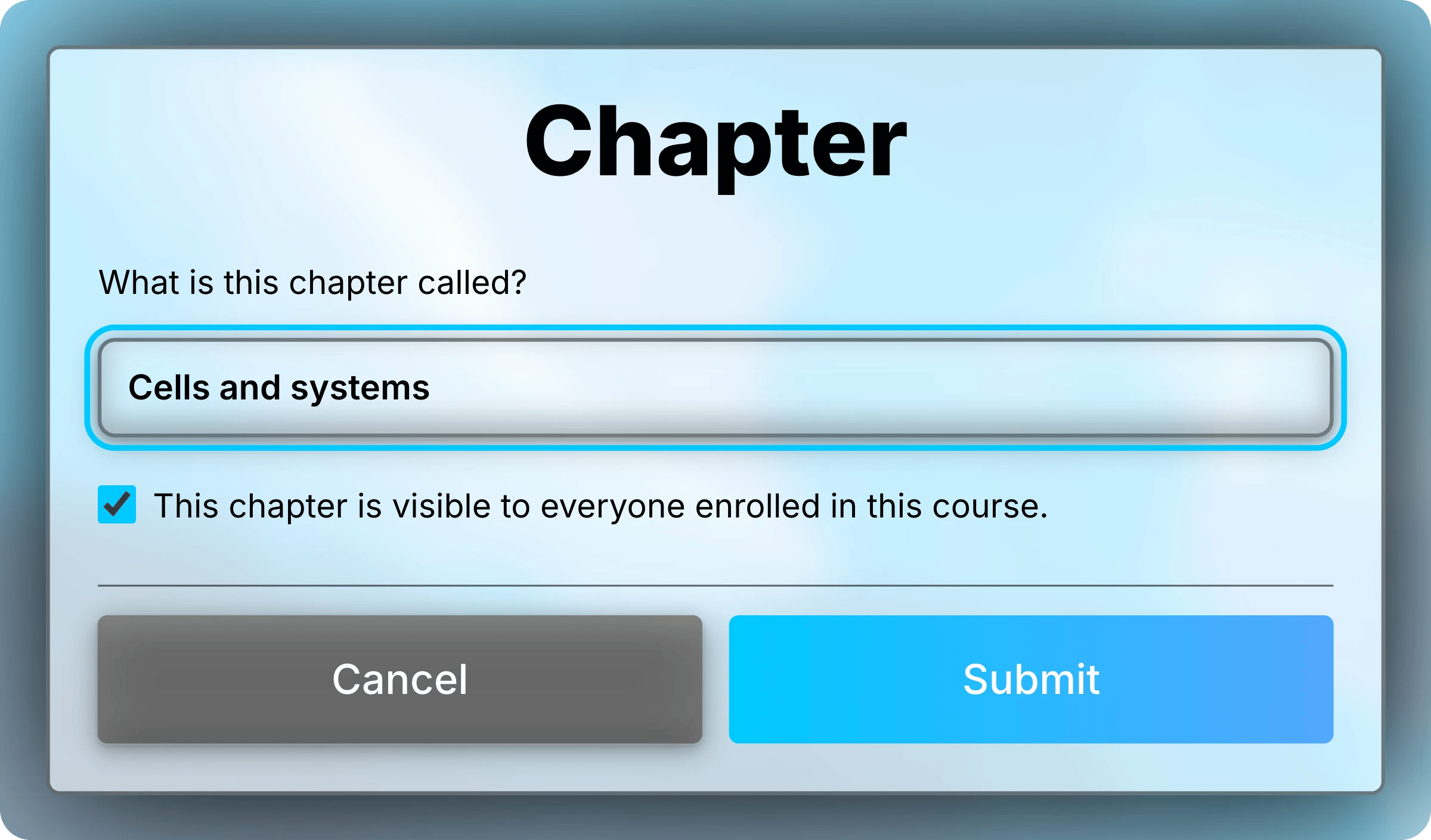 Chapter form with Cells and systems entered as the name, highlighted, and the visibility checkbox selected.