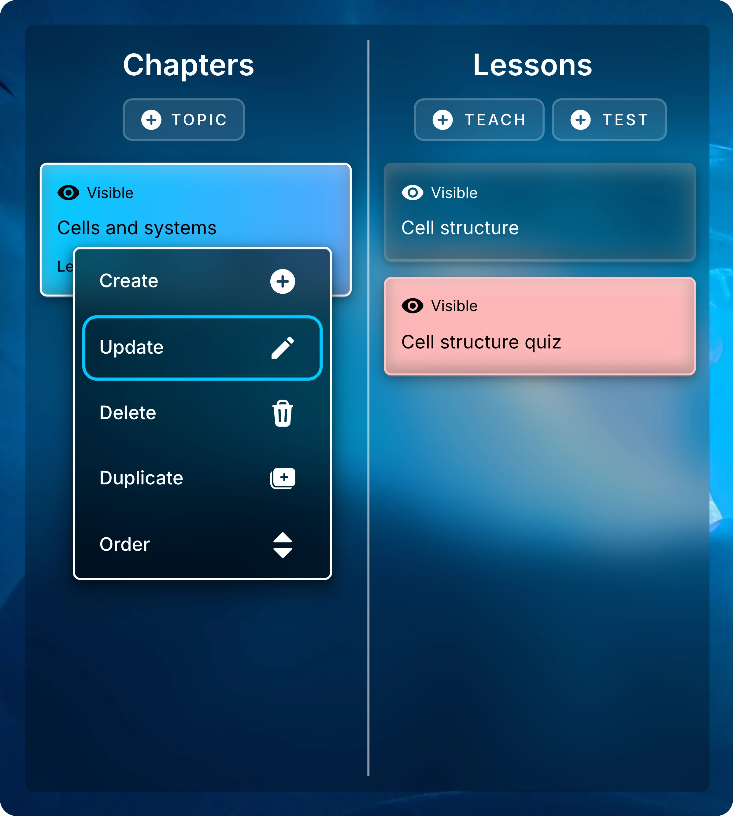 Chapters panel with the menu open on Cells and systems and Update highlighted.