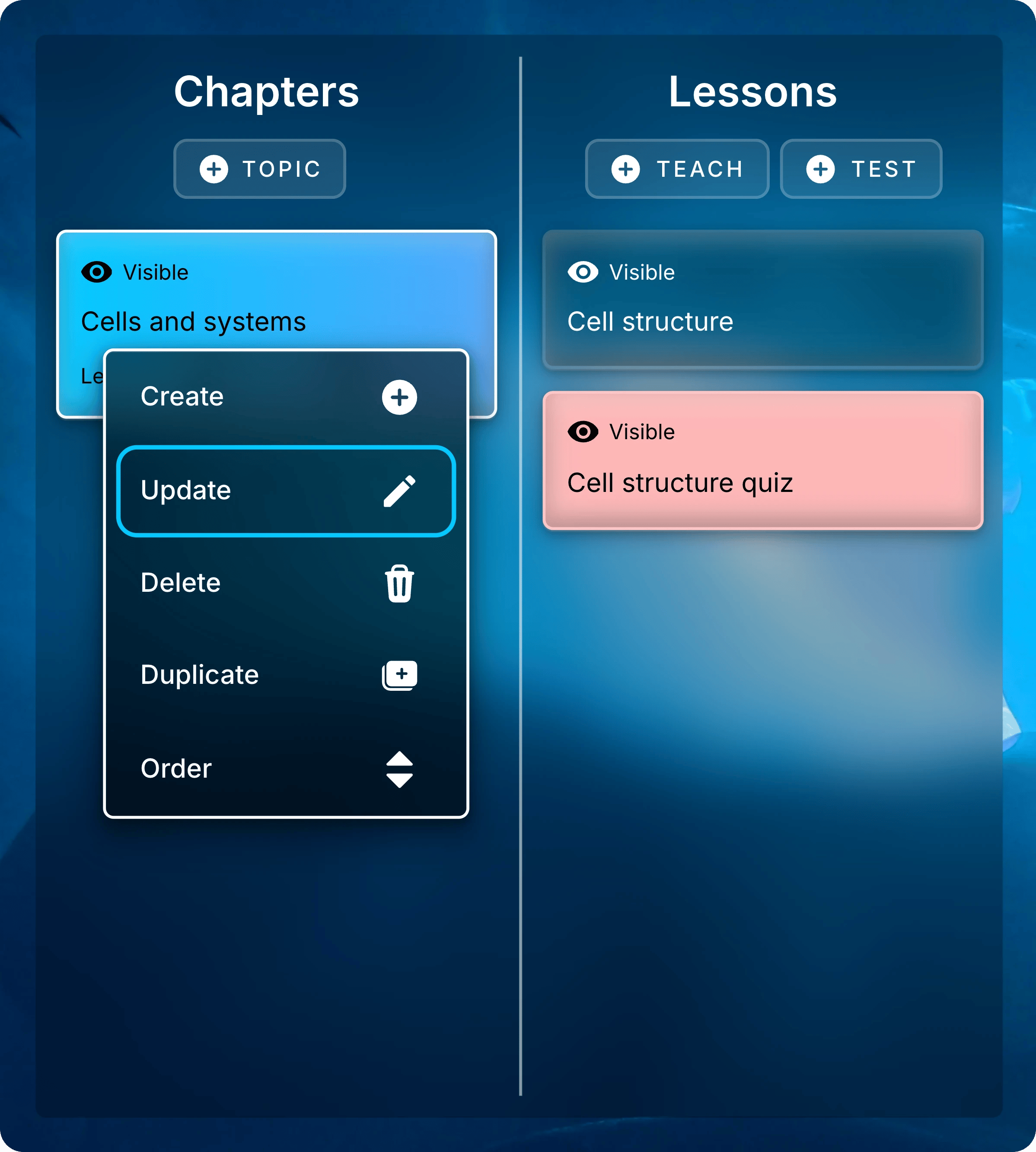 Chapters panel with the menu open on Cells and systems and Update highlighted.