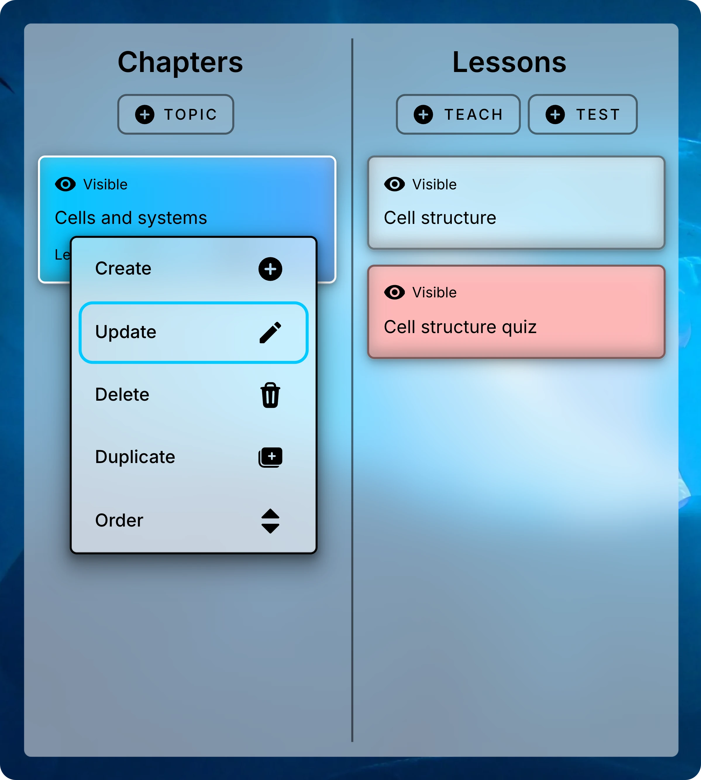 Chapters panel with the menu open on Cells and systems and Update highlighted.