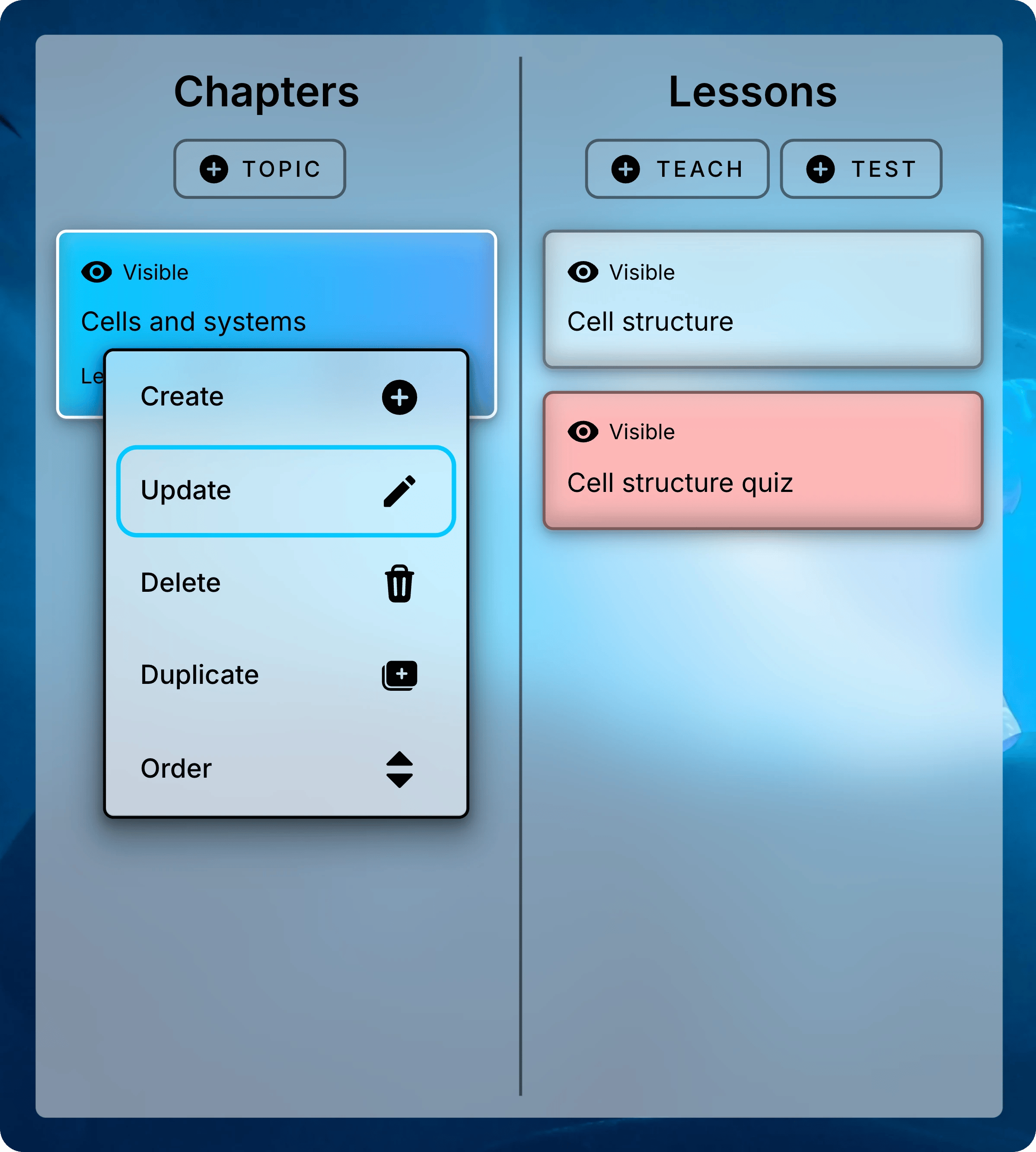Chapters panel with the menu open on Cells and systems and Update highlighted.