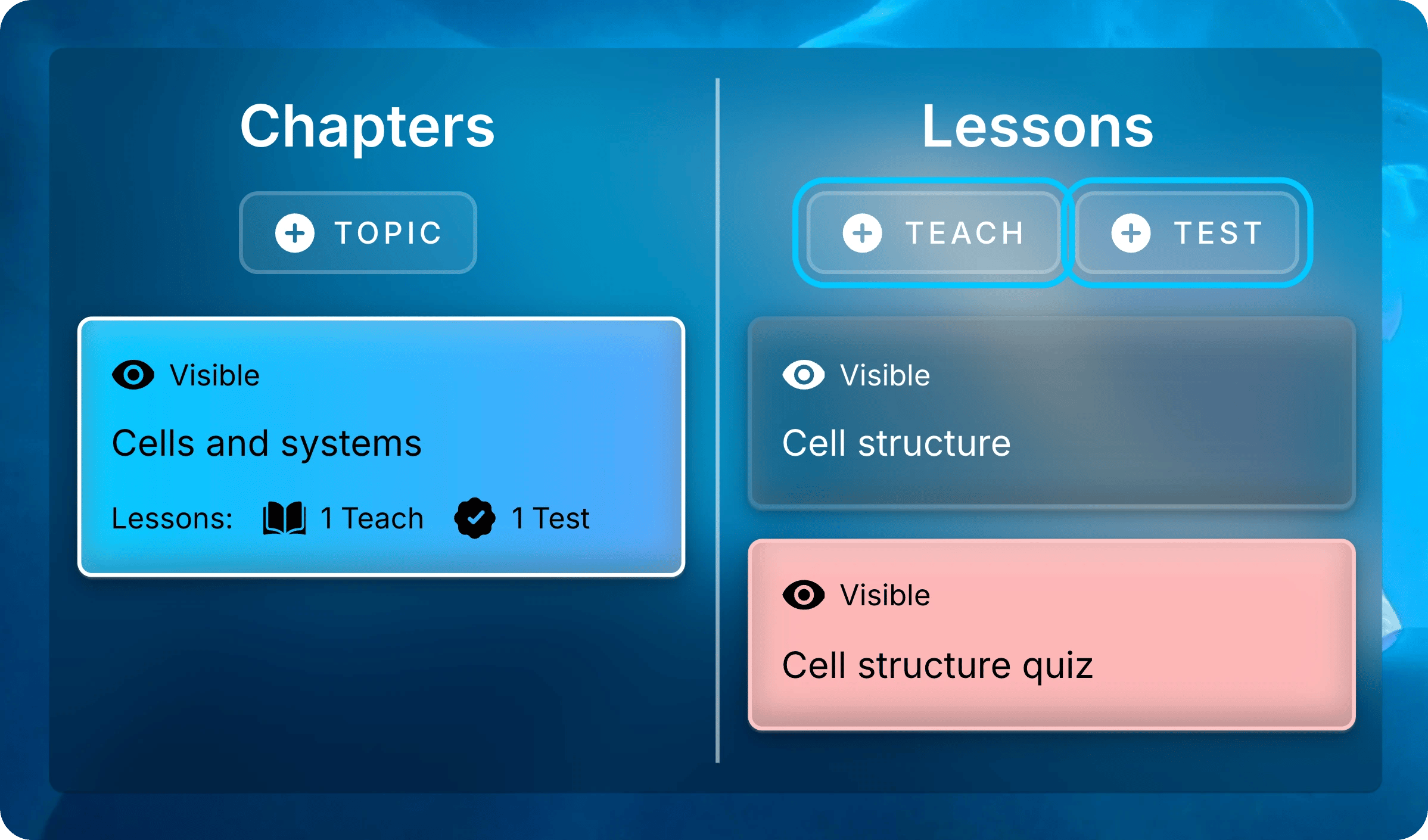 Chapters and Lessons panels with Cells and systems selected, and the Teach and Test buttons above the lessons highlighted.