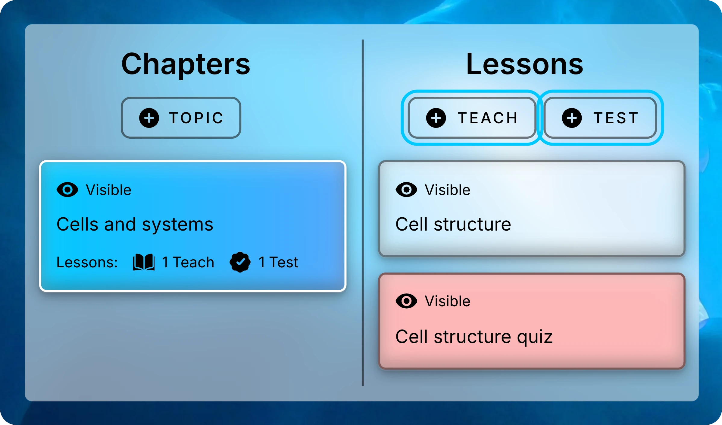Chapters and Lessons panels with Cells and systems selected, and the Teach and Test buttons above the lessons highlighted.