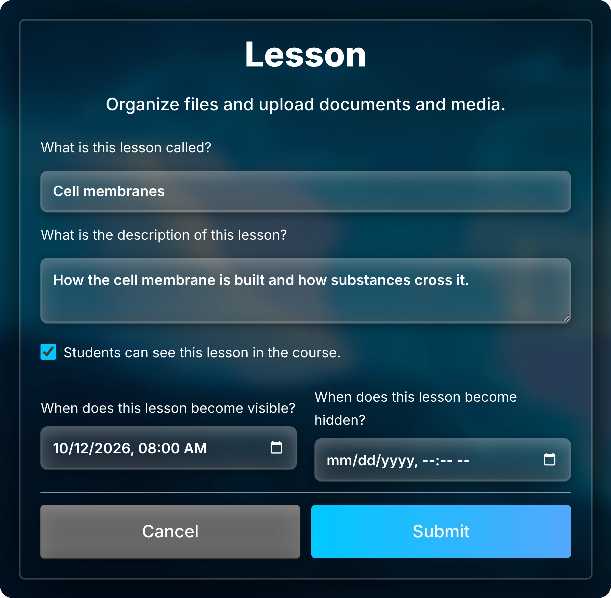 Lesson form for Cell membranes with a description, the visibility checkbox selected, and October 12, 2026 at 8:00 AM as the date the lesson becomes visible.