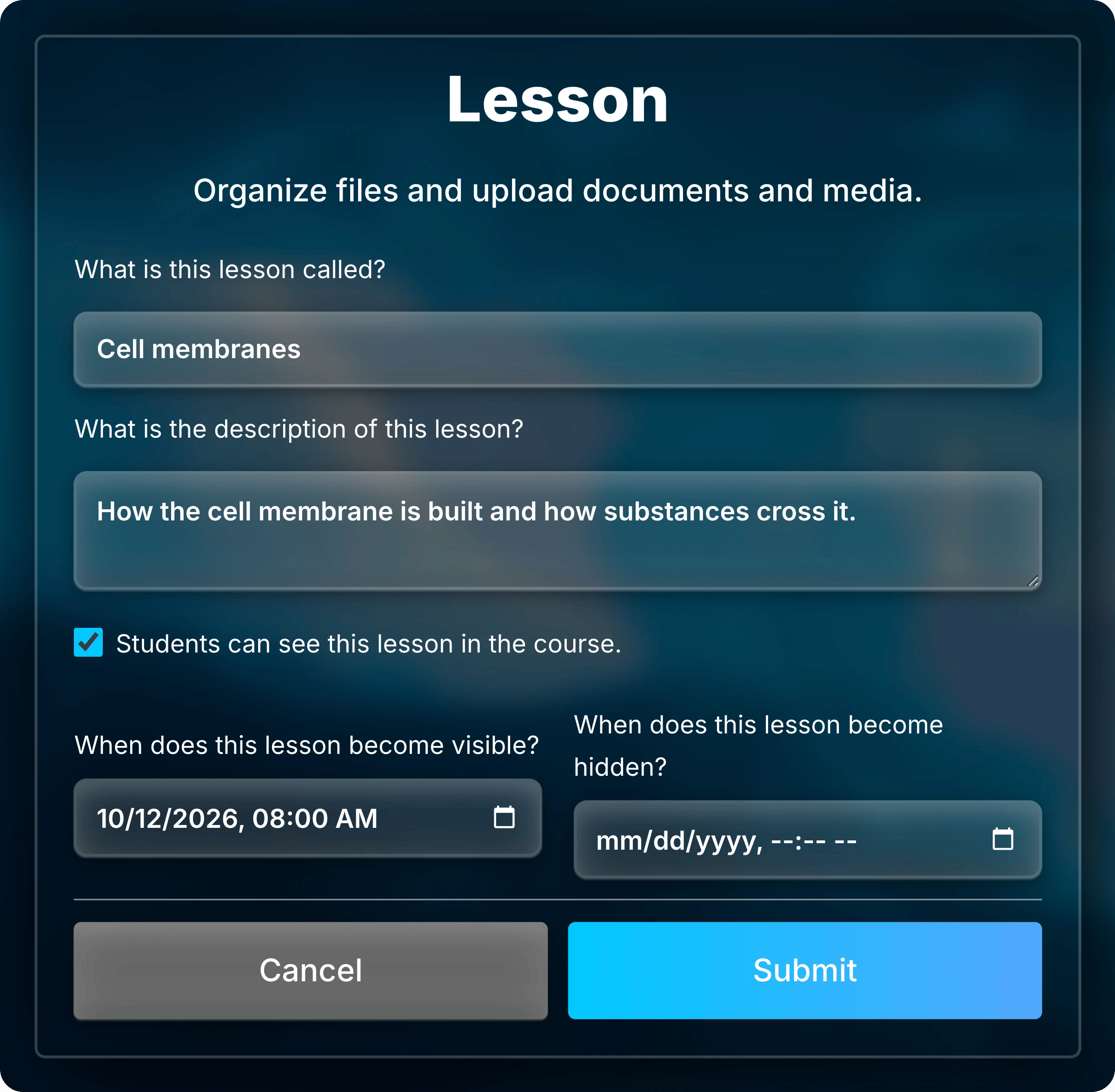 Lesson form for Cell membranes with a description, the visibility checkbox selected, and October 12, 2026 at 8:00 AM as the date the lesson becomes visible.