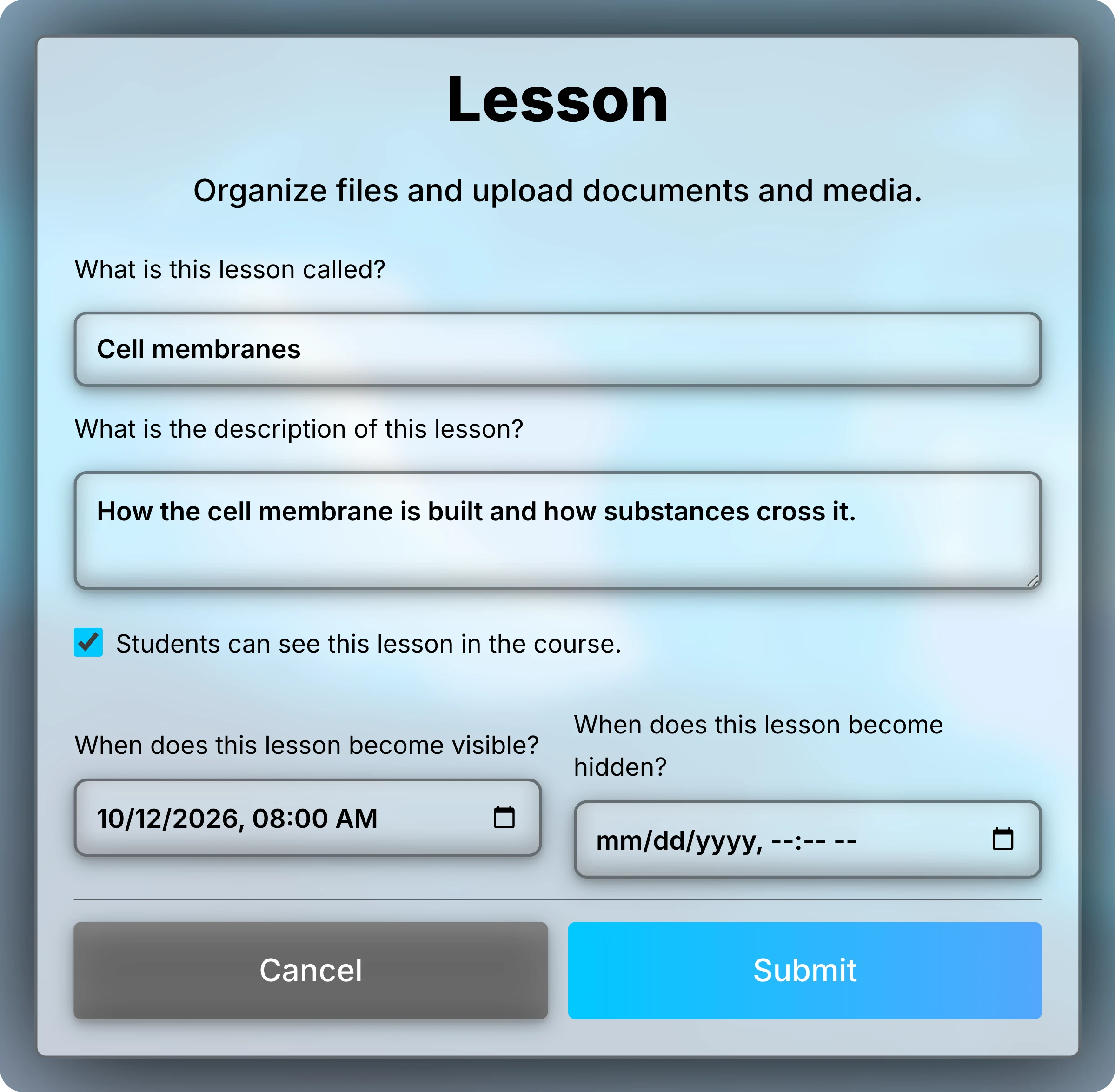 Lesson form for Cell membranes with a description, the visibility checkbox selected, and October 12, 2026 at 8:00 AM as the date the lesson becomes visible.