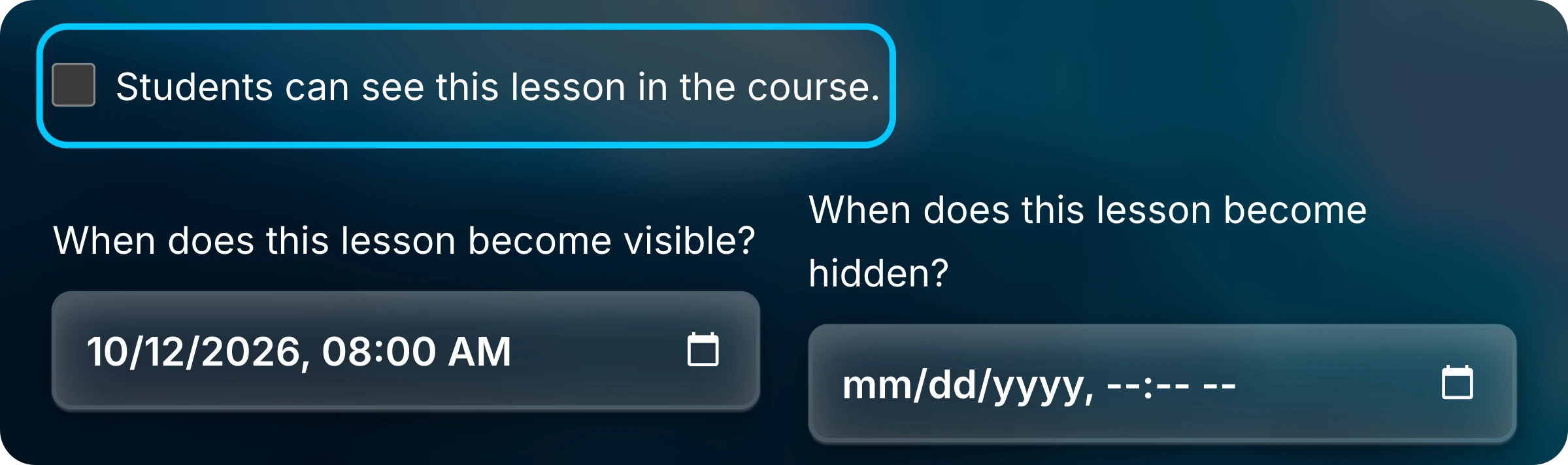 Visibility checkbox of the Cell membranes lesson form, unchecked and highlighted, above the two date fields, with October 12, 2026 at 8:00 AM as the date it becomes visible.