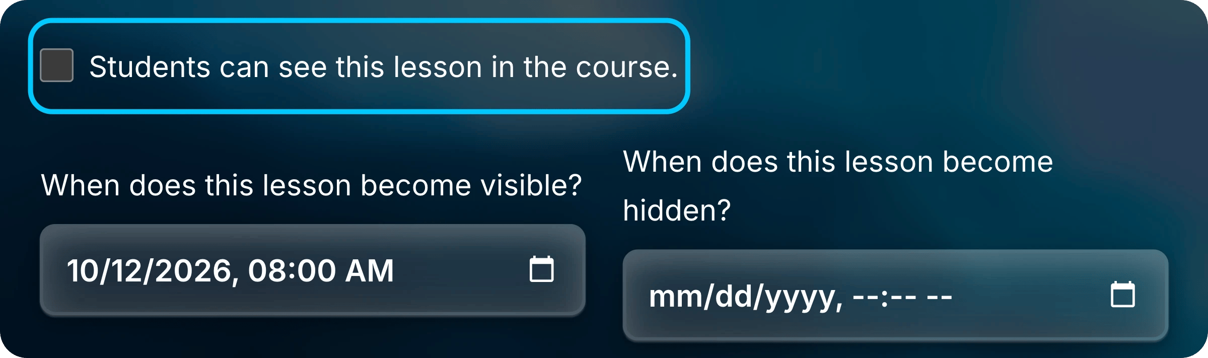 Visibility checkbox of the Cell membranes lesson form, unchecked and highlighted, above the two date fields, with October 12, 2026 at 8:00 AM as the date it becomes visible.