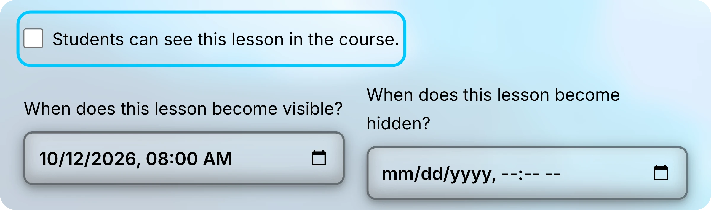 Visibility checkbox of the Cell membranes lesson form, unchecked and highlighted, above the two date fields, with October 12, 2026 at 8:00 AM as the date it becomes visible.