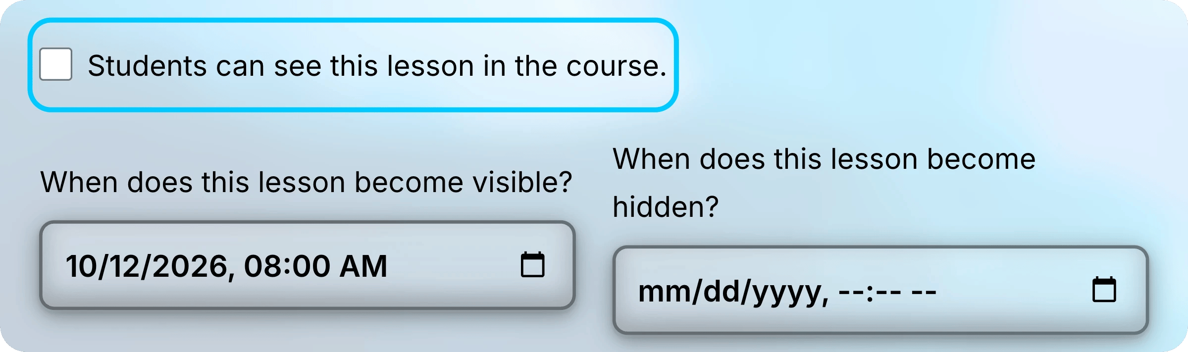Visibility checkbox of the Cell membranes lesson form, unchecked and highlighted, above the two date fields, with October 12, 2026 at 8:00 AM as the date it becomes visible.